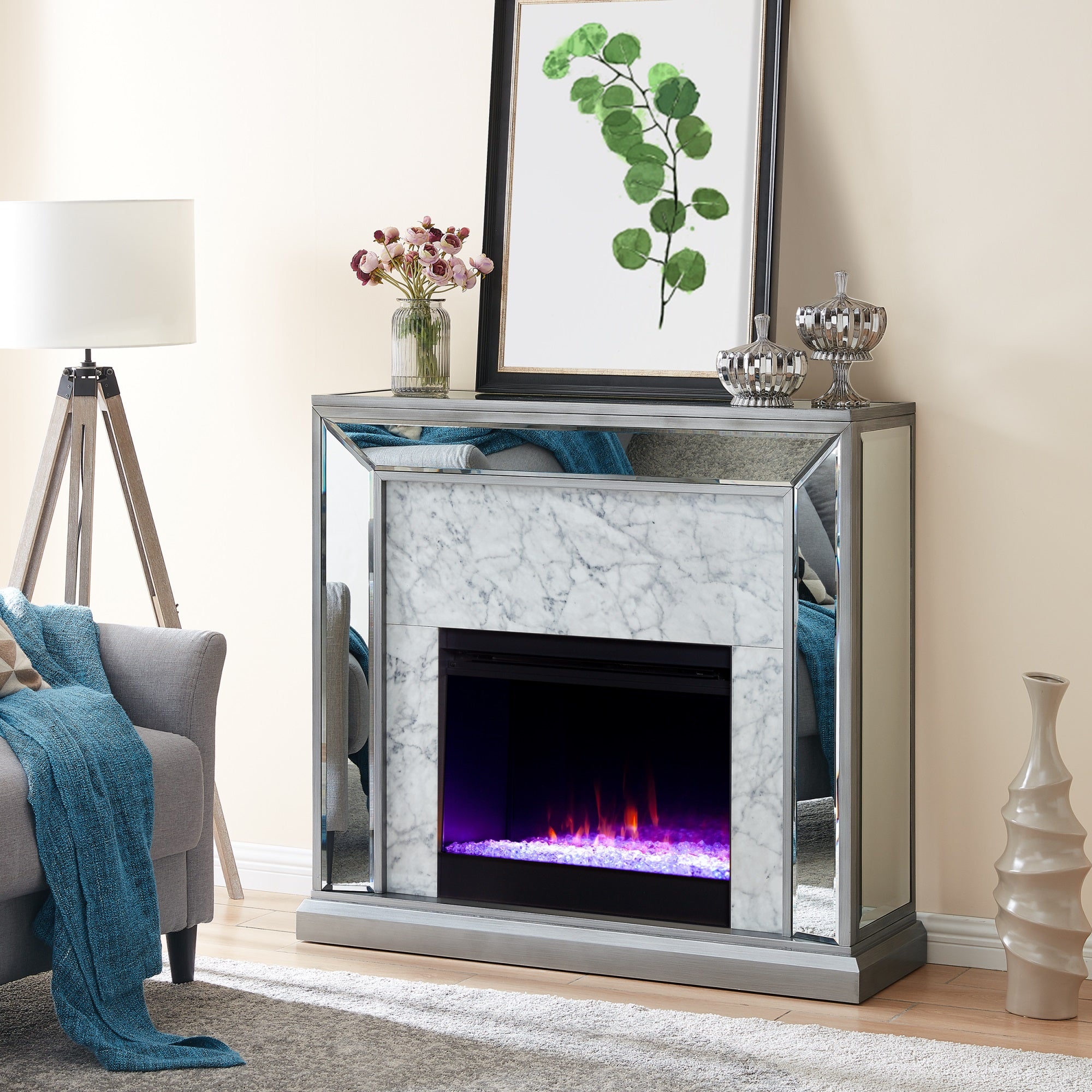 Trandling Mirrored Faux Stone Fireplace With Color Changing Firebox