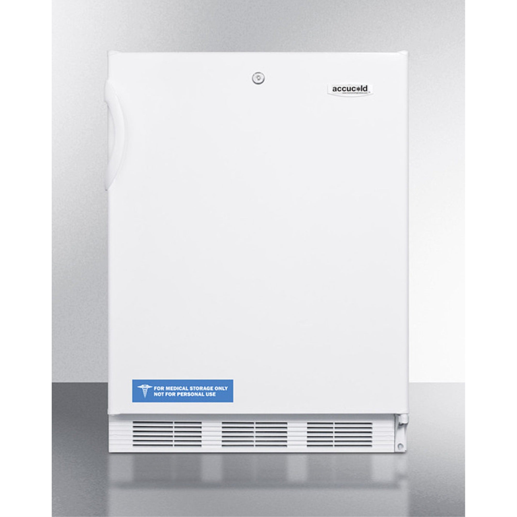 ADA compliant commercial allrefrigerator for freestanding general purpose use, with lock, automatic defrost operation and white