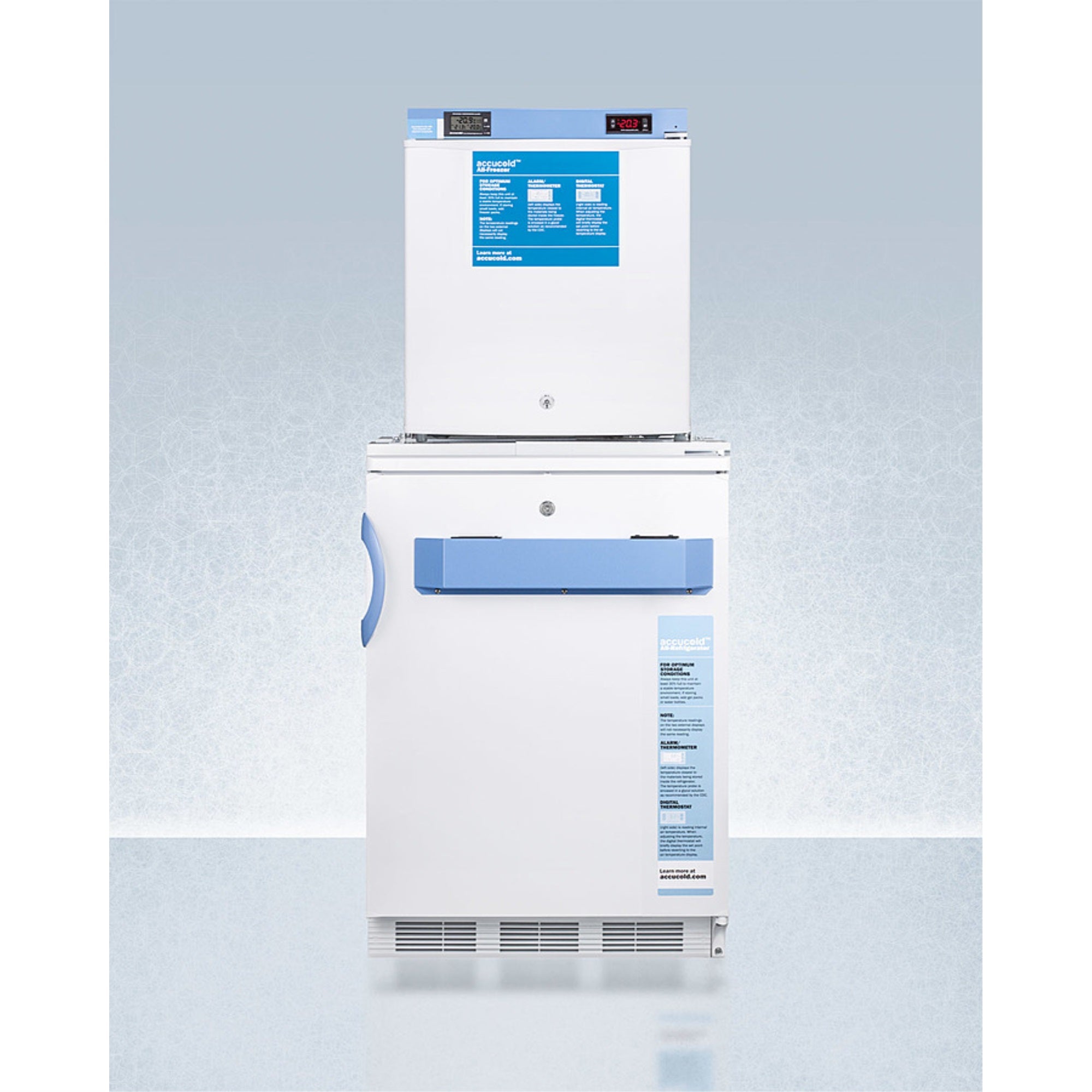 Stacked Combination Of Ff7Lwbimed2 Auto Defrost All Refrigerator And Fs24Lmed2 Compact Manual Defrost All Freezer, Both With Loc
