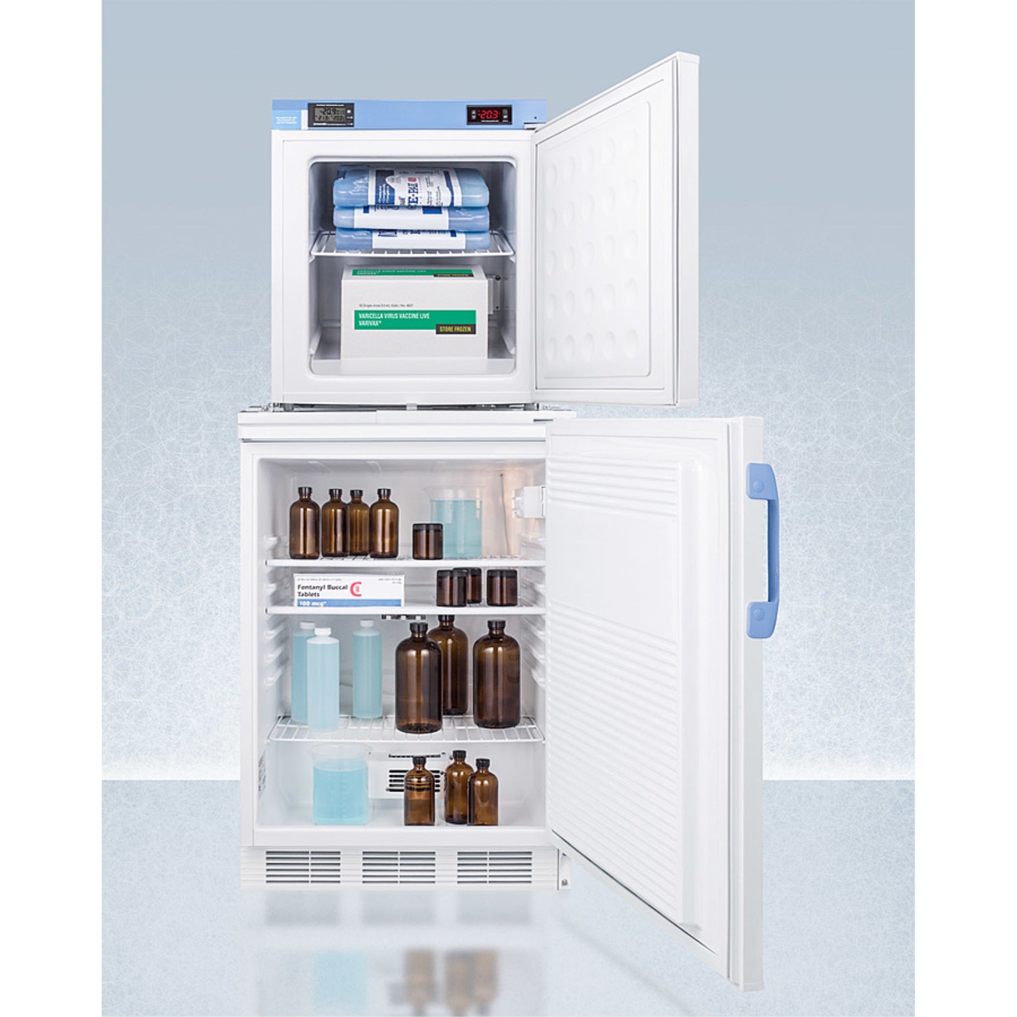 Stacked Combination Of Ff7Lwbimed2 Auto Defrost All Refrigerator And Fs24Lmed2 Compact Manual Defrost All Freezer, Both With Loc