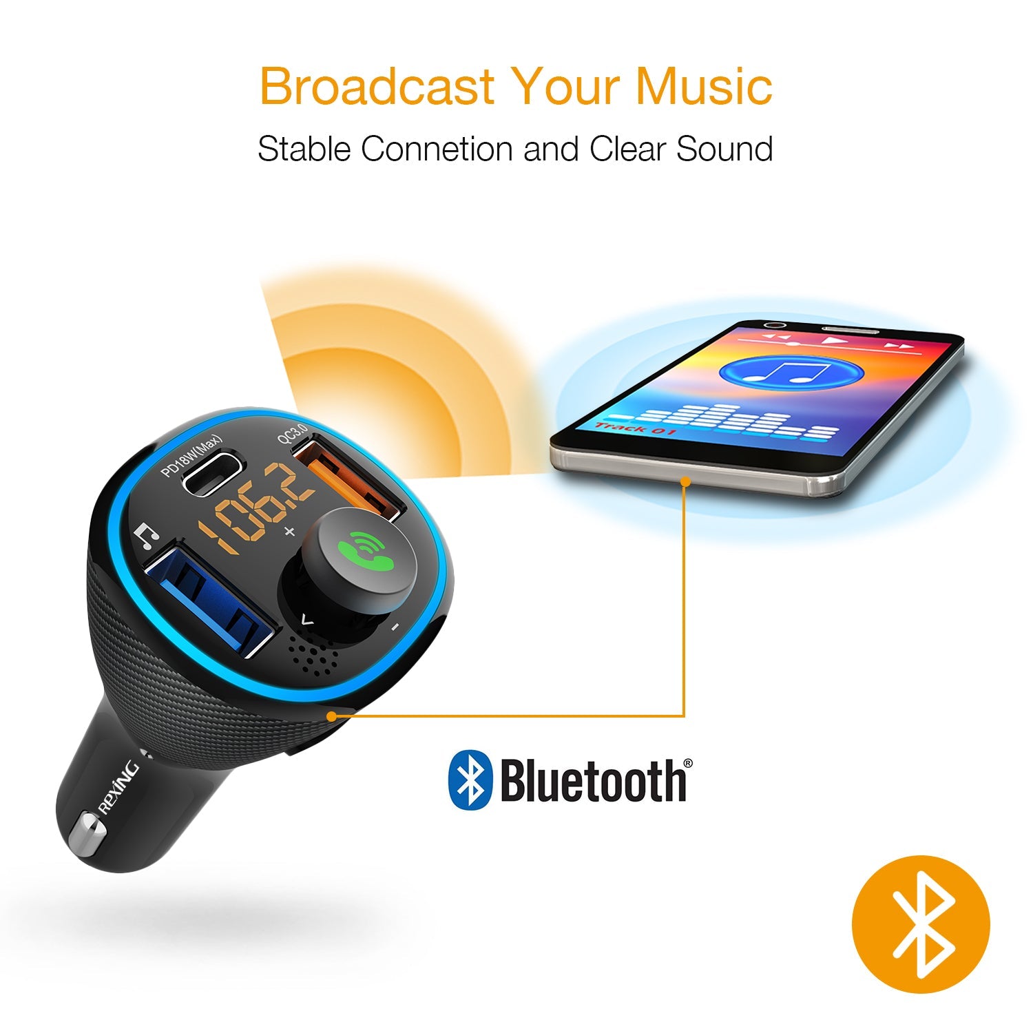 Rexing FM3 FM Transmitter Car Charger w/Bluetooth 5.0