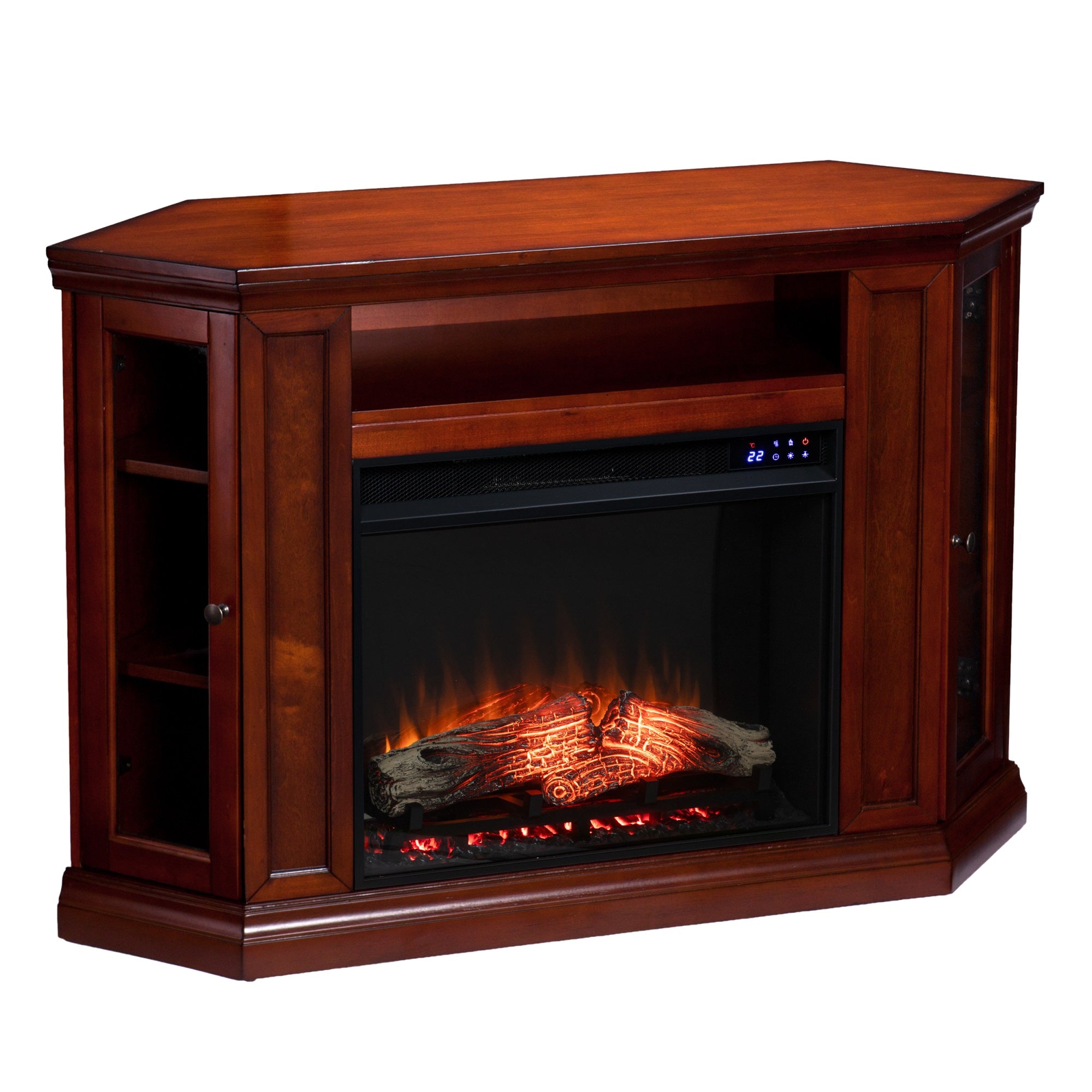 Claremont Electric Corner Touch Screen Fireplace With Storage   Brown Mahogany