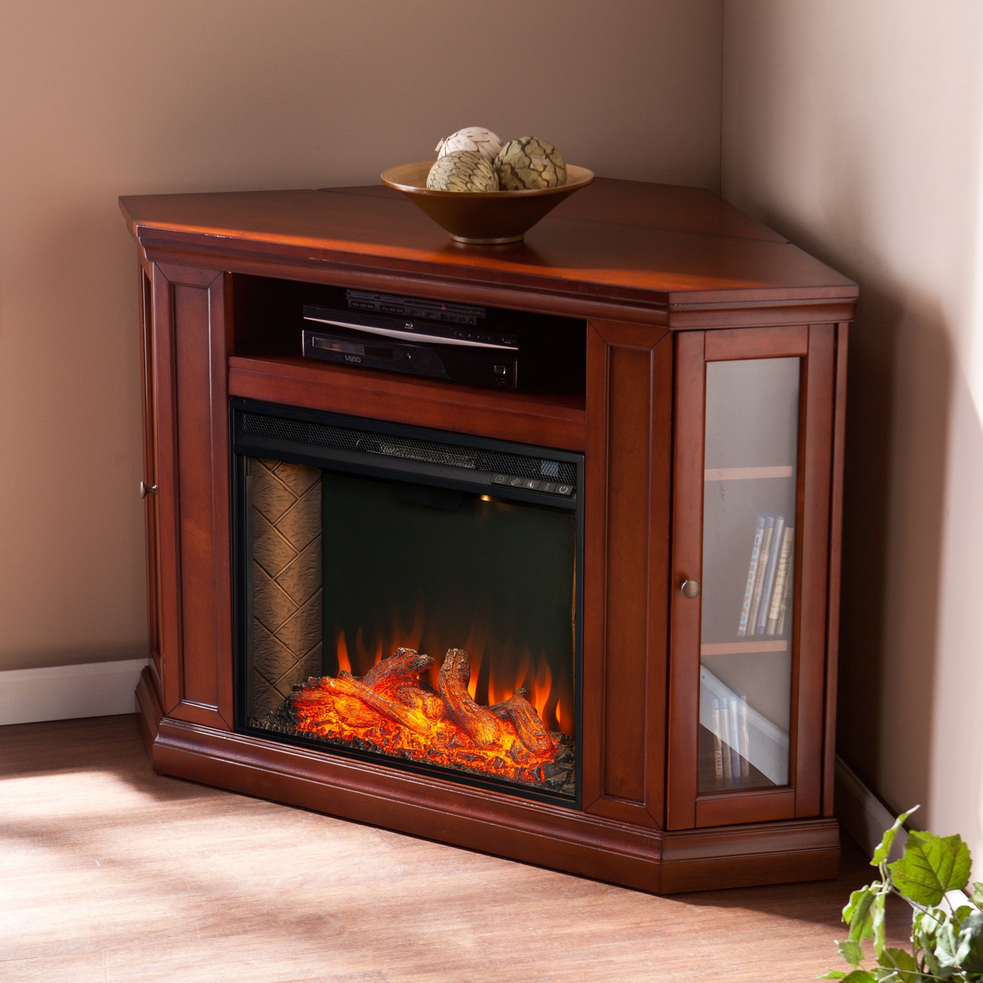 Claremont Electric Corner Touch Screen Fireplace With Storage   Brown Mahogany