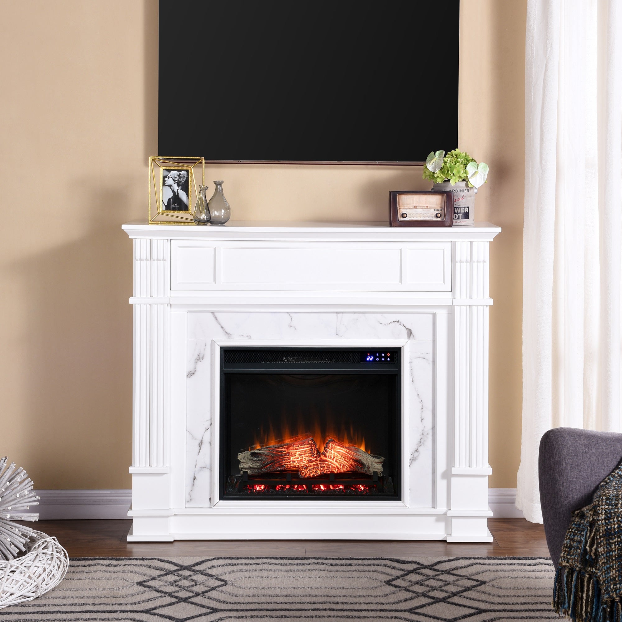 Highgate Faux Cararra Marble Touch Screen Electric Media Fireplace   White