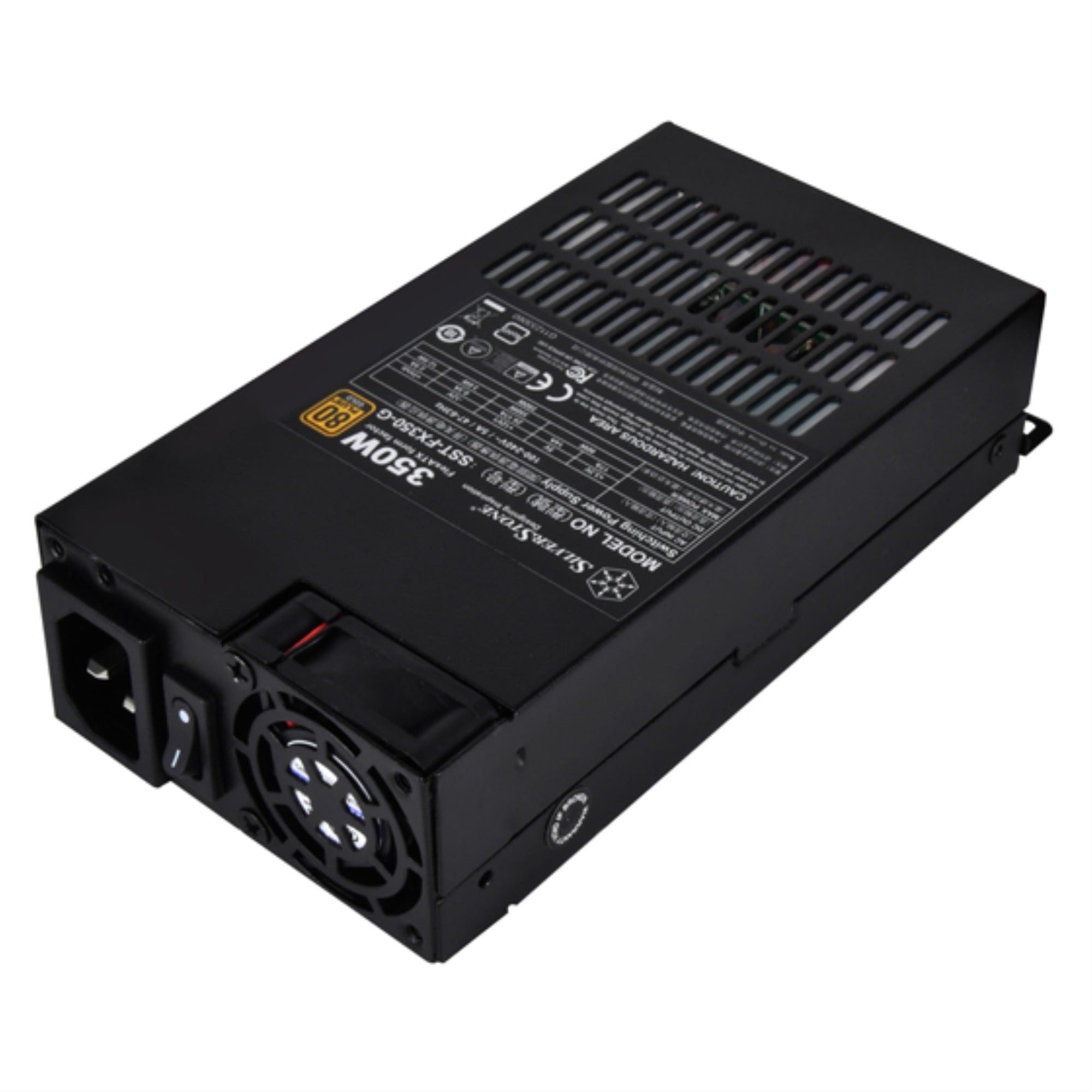 350W,FlexATX form factor, single +12V rail with 29.17A output, Silent 40mmFan with 20~40dBA, efficiency 80PlusGold certification