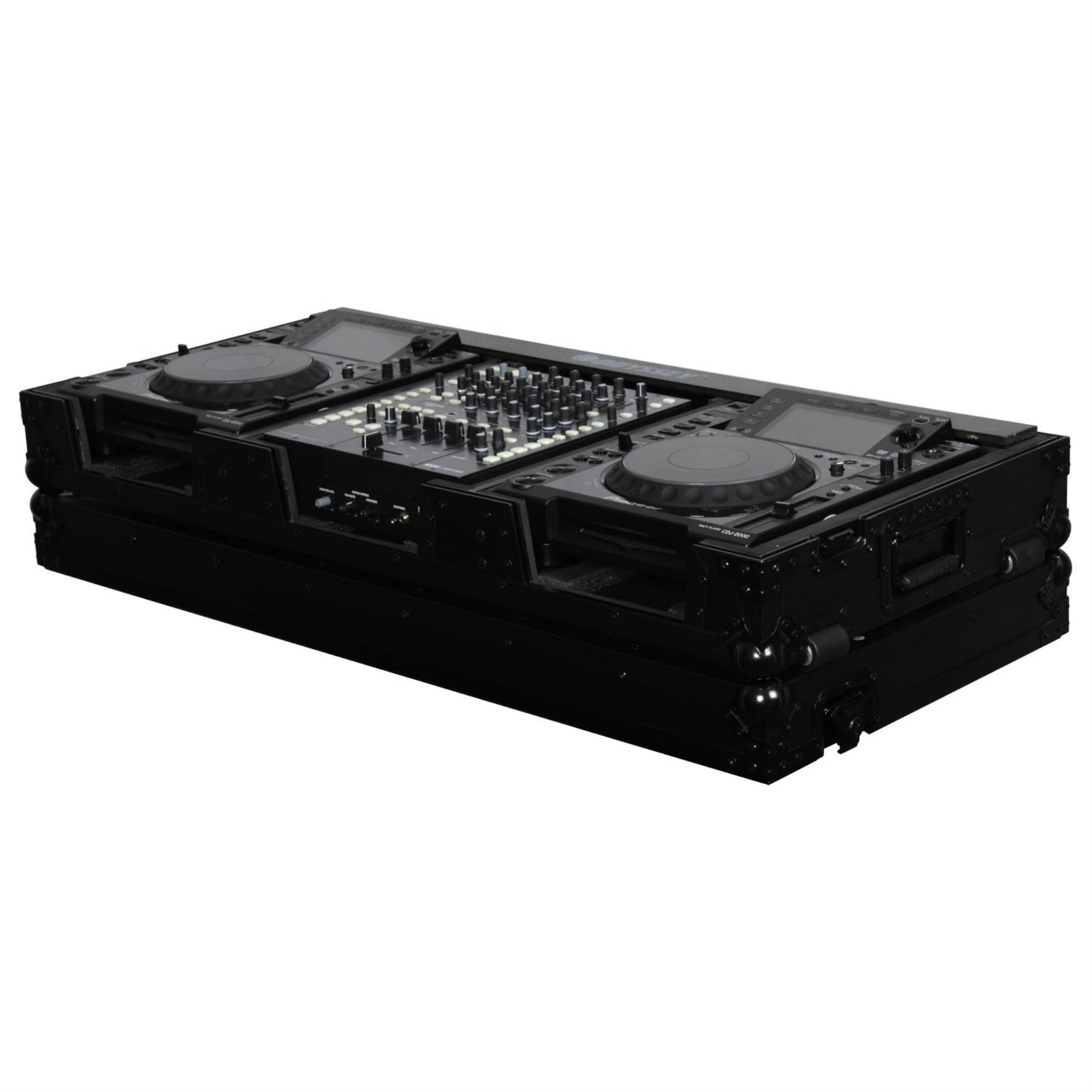 Black 12 Format DJ Mixer and Two Large Format Media Players Coffin Flight Case