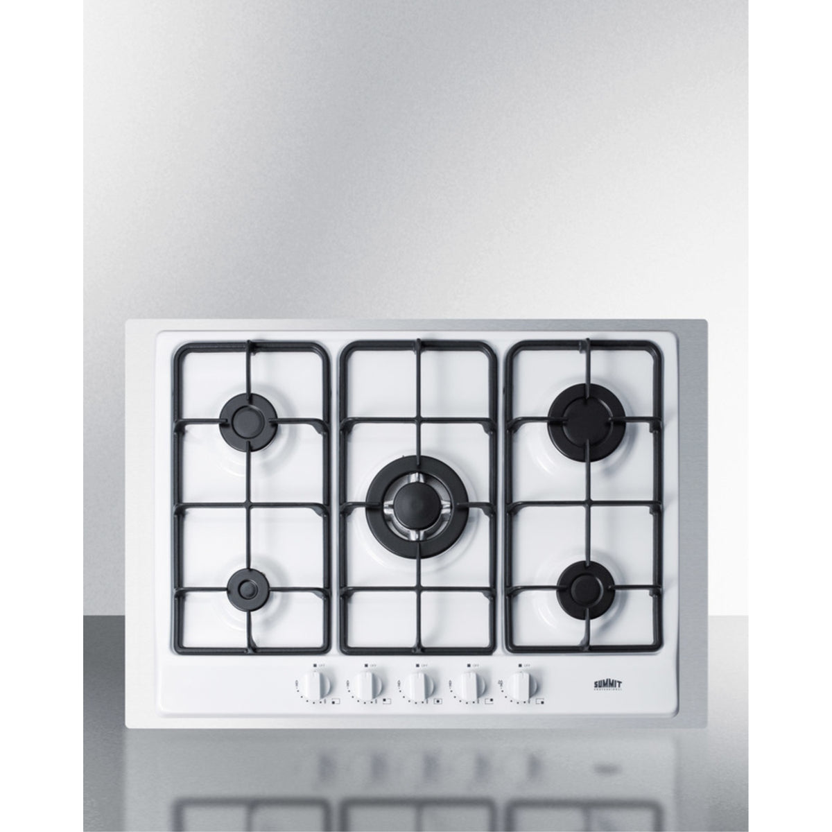 5 Burner Gas Cooktop Made In Italy In White Finish With Sealed Burners, Cast Iron Grates, Wok Stand, And Stainless Steel Frame T