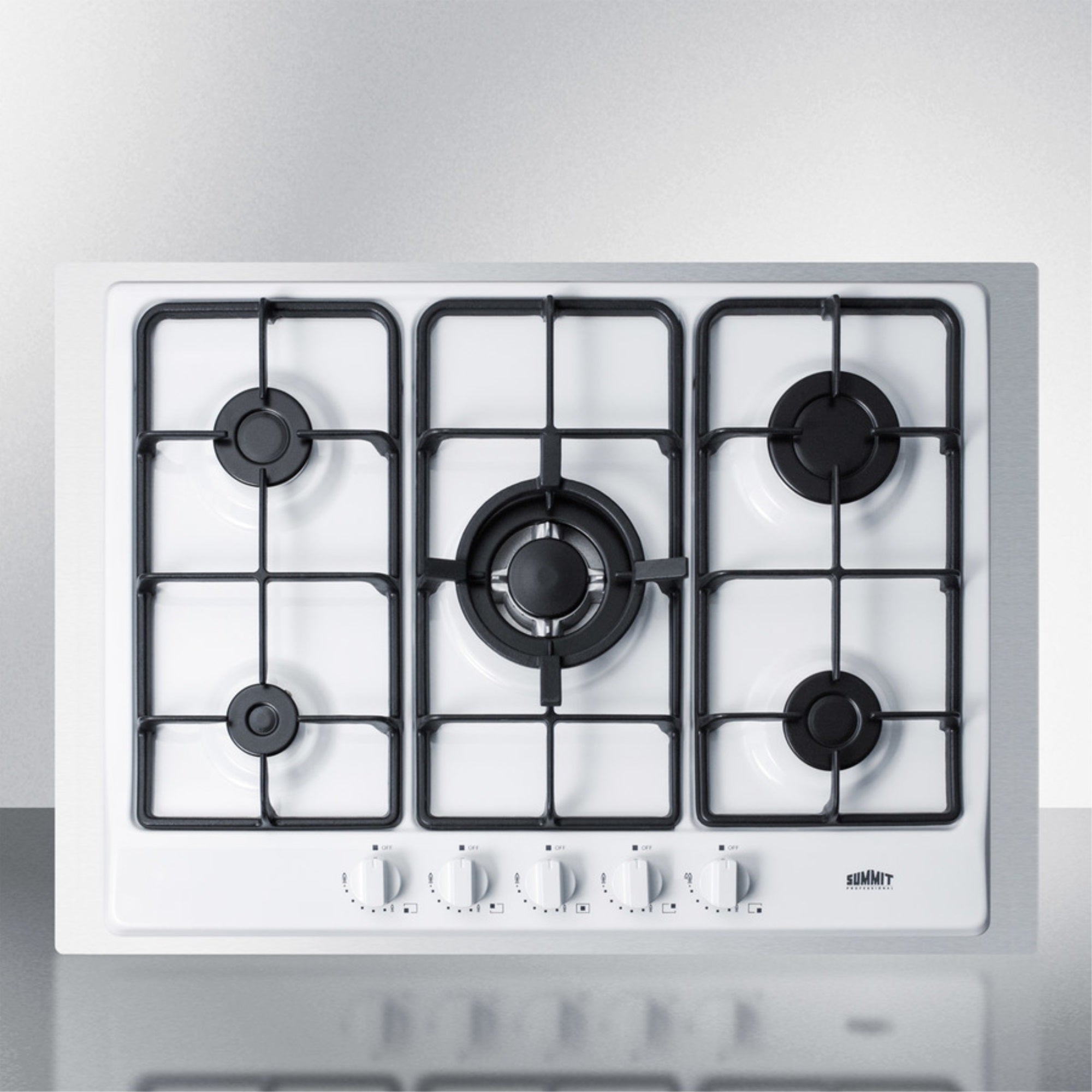5 Burner Gas Cooktop Made In Italy In White Finish With Sealed Burners, Cast Iron Grates, Wok Stand, And Stainless Steel Frame T