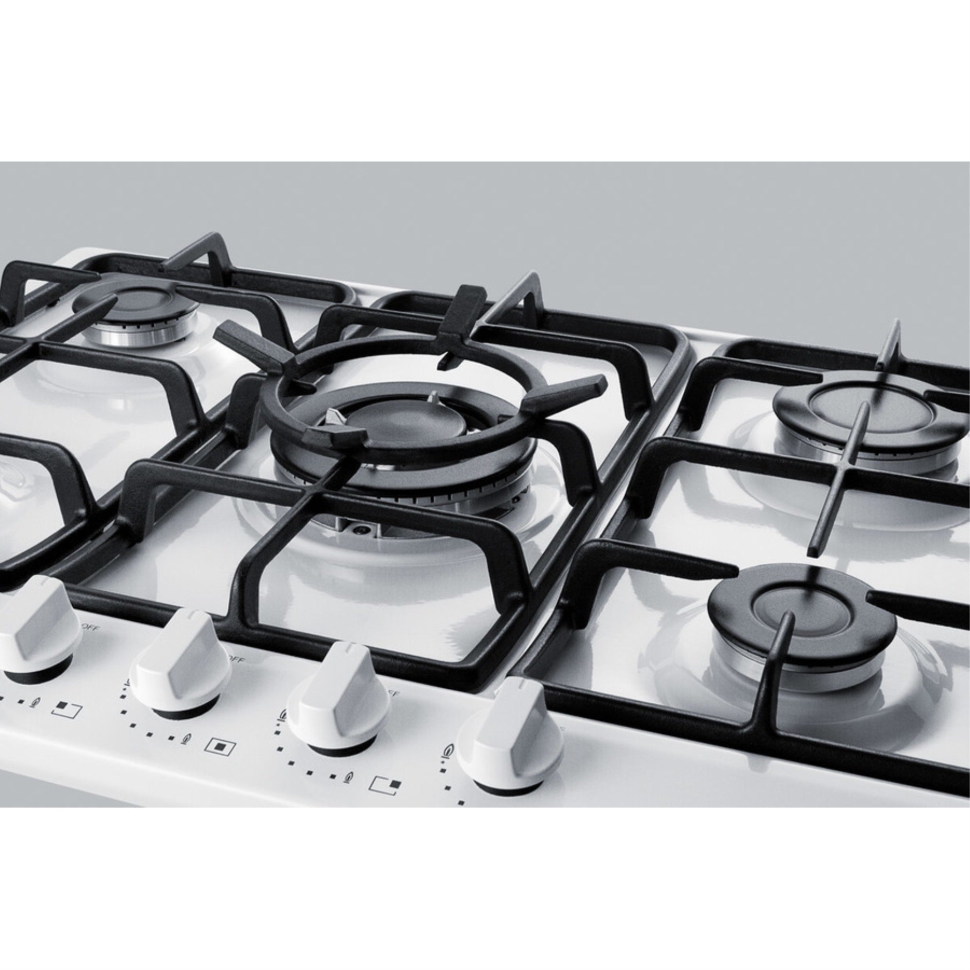 5 Burner Gas Cooktop Made In Italy In White Finish With Sealed Burners, Cast Iron Grates, Wok Stand, And Stainless Steel Frame T