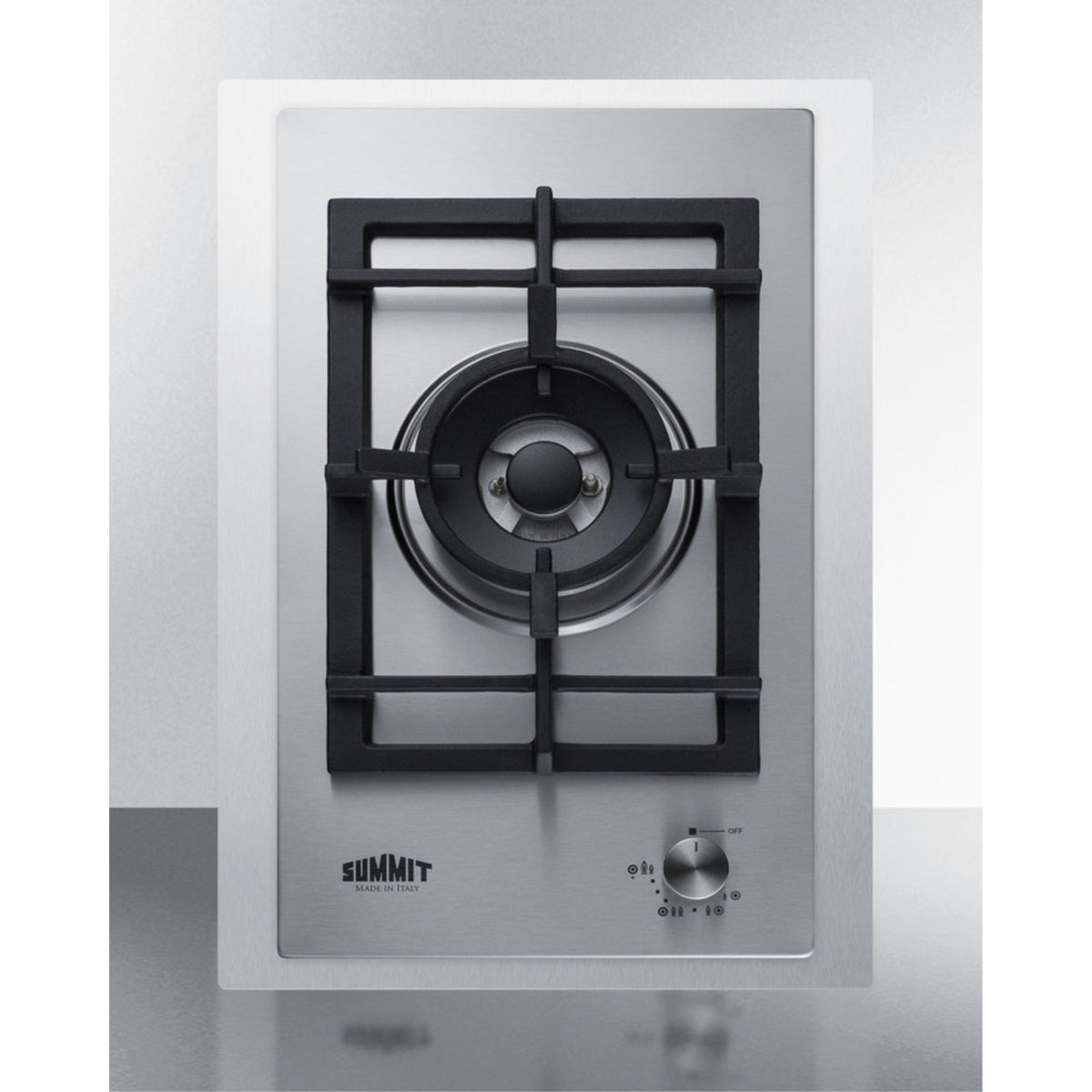 1 Burner Gas Cooktop Made In Italy W/15'' Wide Trim Kit  In Stainless Steel With Sealed Dual Flame Burner, Cast Iron Grates, And