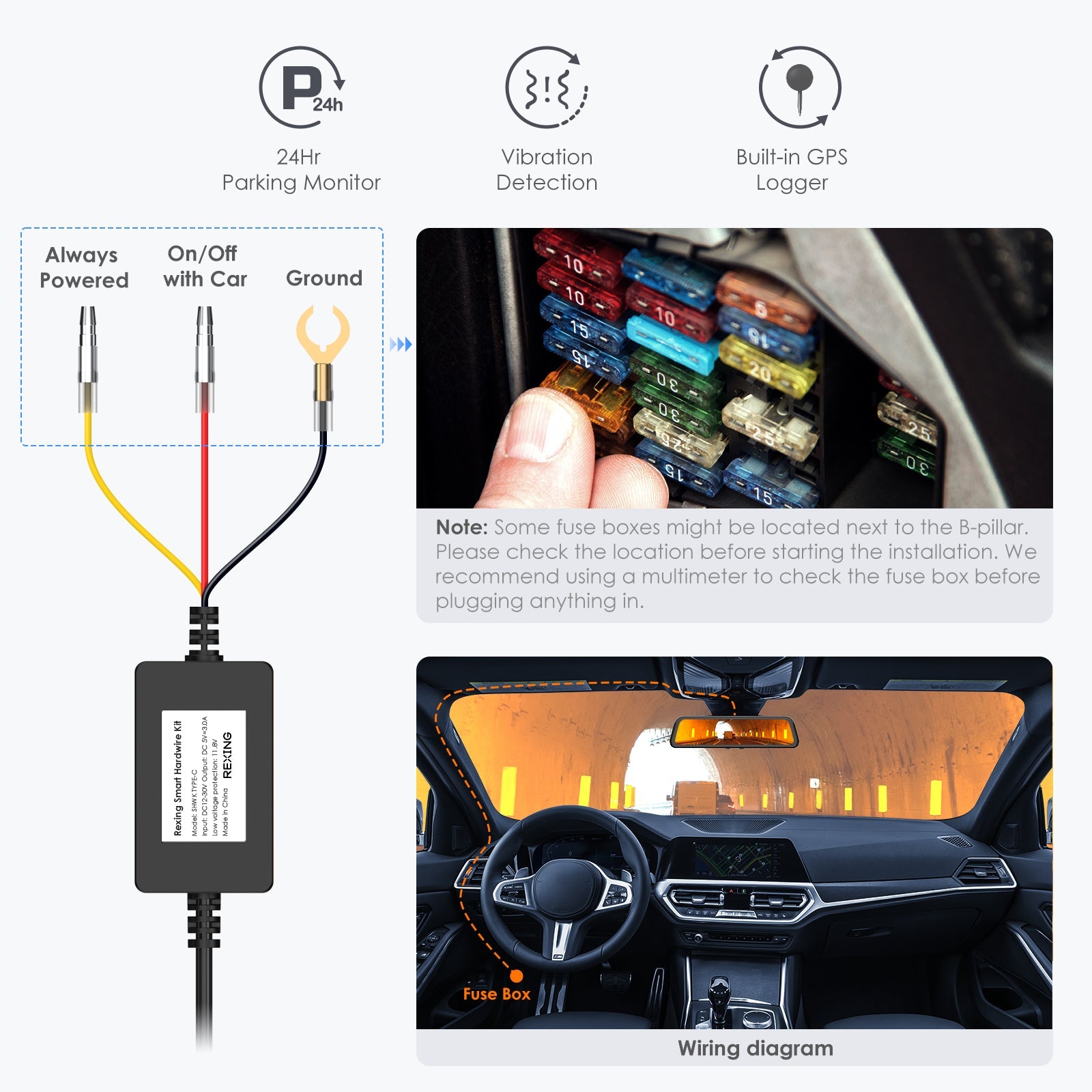 Rexing Dash Cam Smart Hardwire Kit with GPS Logger, Type-C Hard Wire K ...