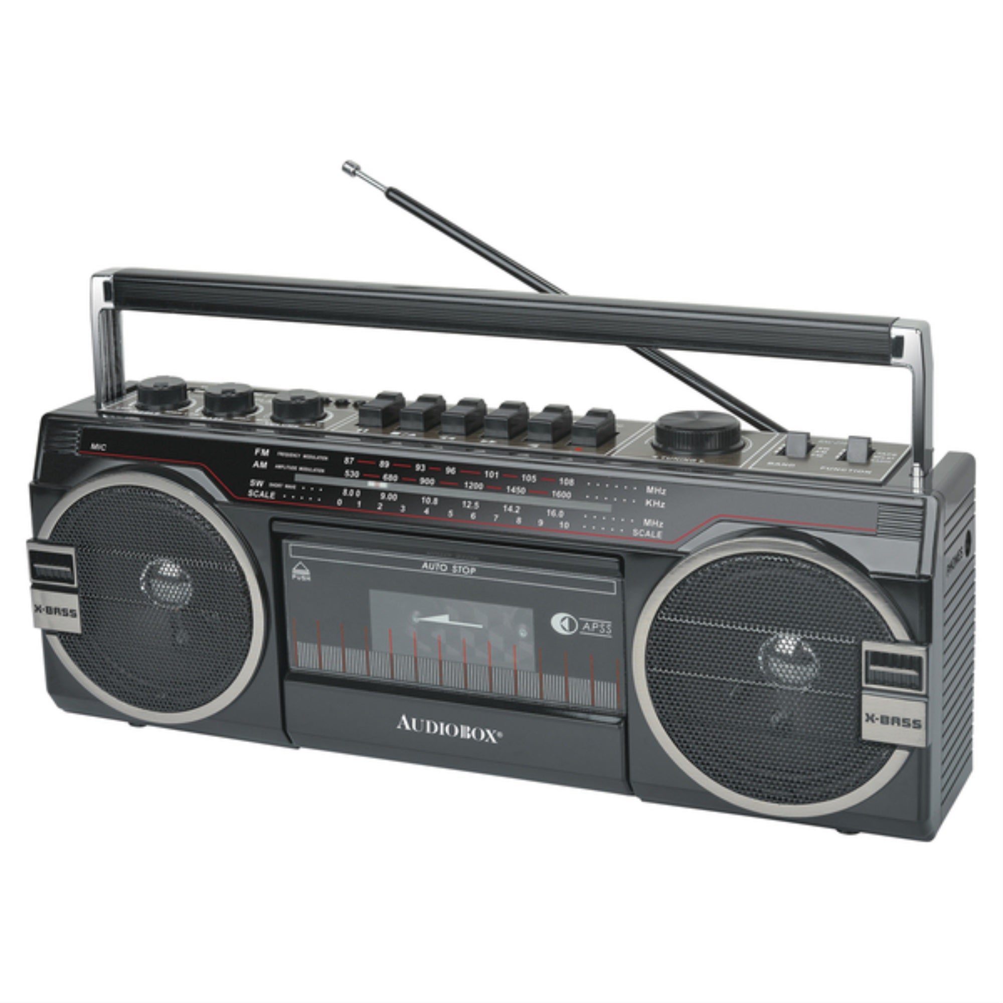 Audiobox RXC25BTBLK RXC25BT 10Watt Portable Cassette Player and Recorder Boom Box with 3Band Radio, Bluetooth, and Speakers 