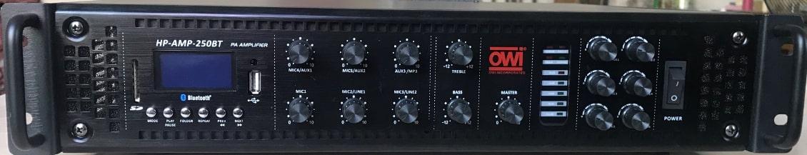 Amplifier, 250 Watts, Bluetooth, microphone mixer/EQ, 2 x 250W ge connection function, microphone mixer function, two stereo aud