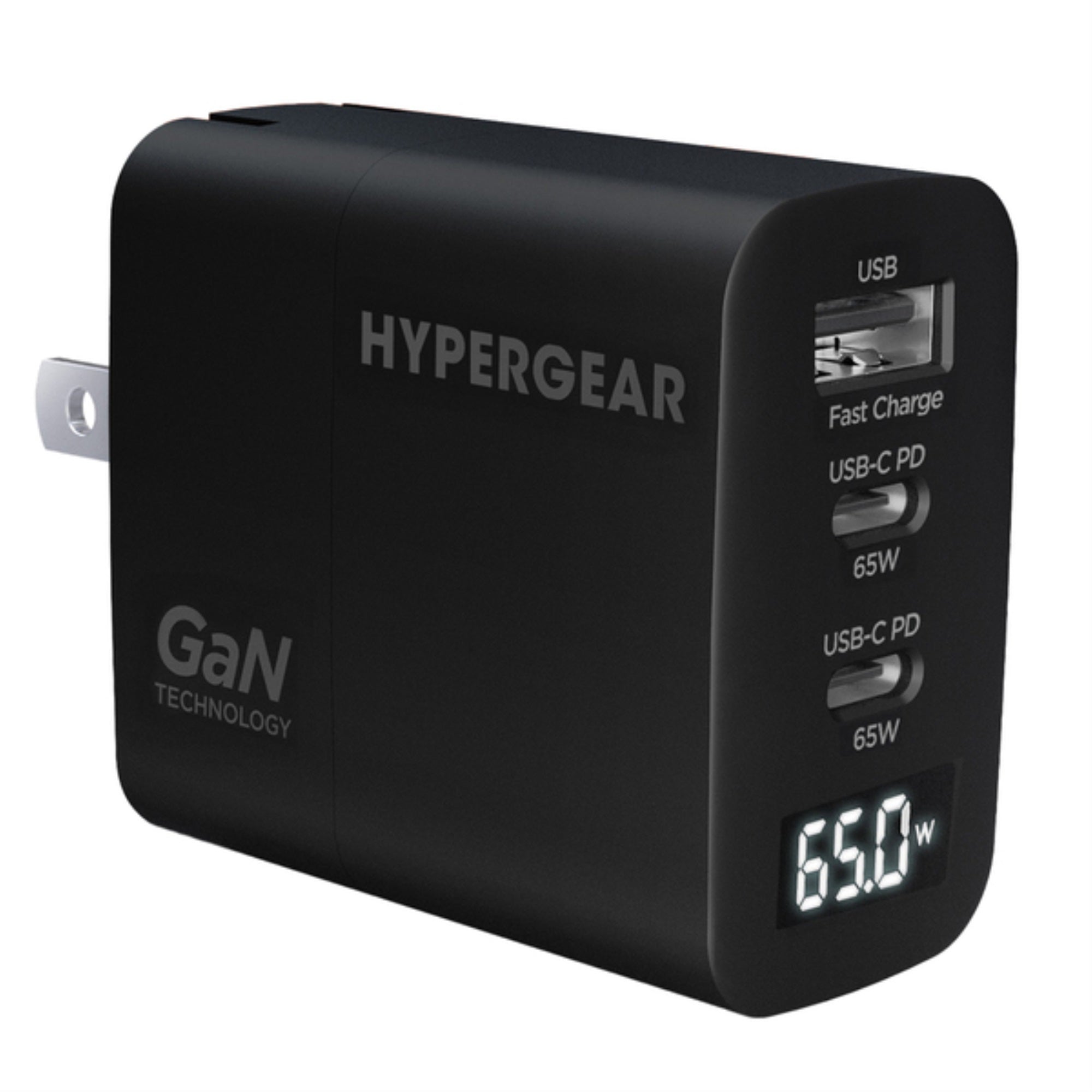 HyperGear 16299 HyperGear SpeedBoost 65Watt USBC PD TriPort GaN Laptop Wall Charger with PPS and Digital Display (Black)