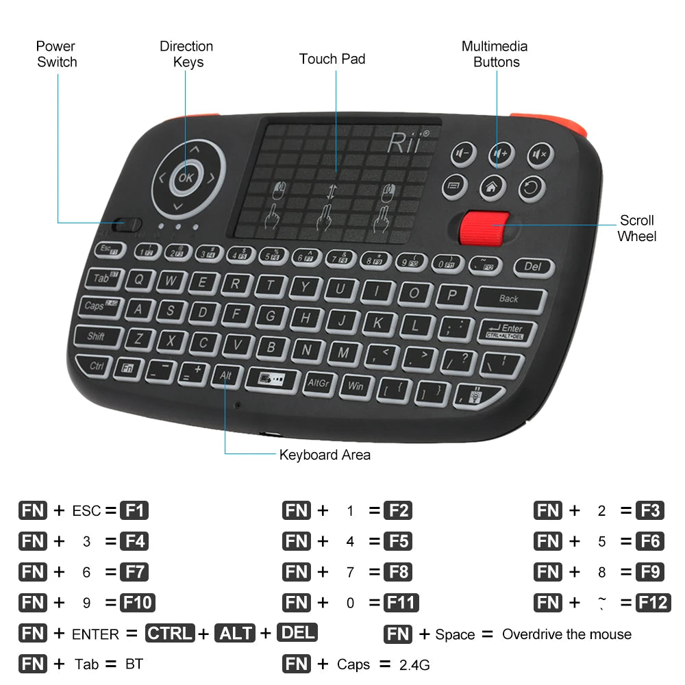 Rii I4 Mini Bluetooth Wireless Keyboard With Touchpad 2.4GHz Backlit Mouse Remote Control For Windows Android TV Box Smart TV