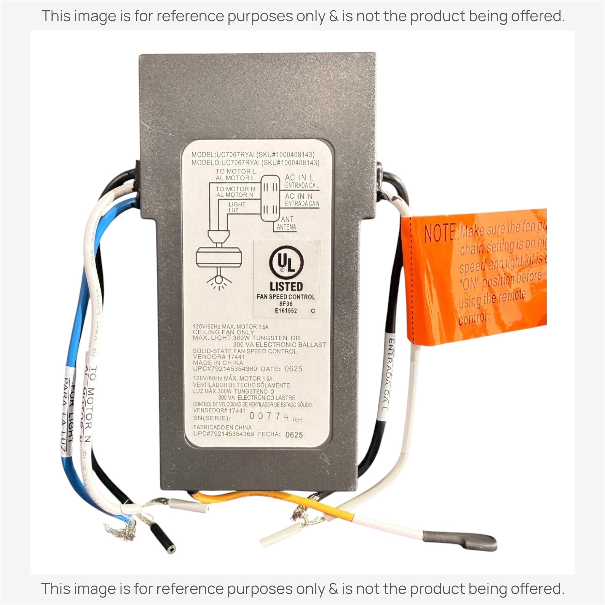 Substitute for Hampton Bay Universal 3-Speed Wall Plate Remote control Ceiling fan Kit UC9050H / UC7067RYAI / 1000408143 [UC9051T-WIRED/UC7067FMRX]