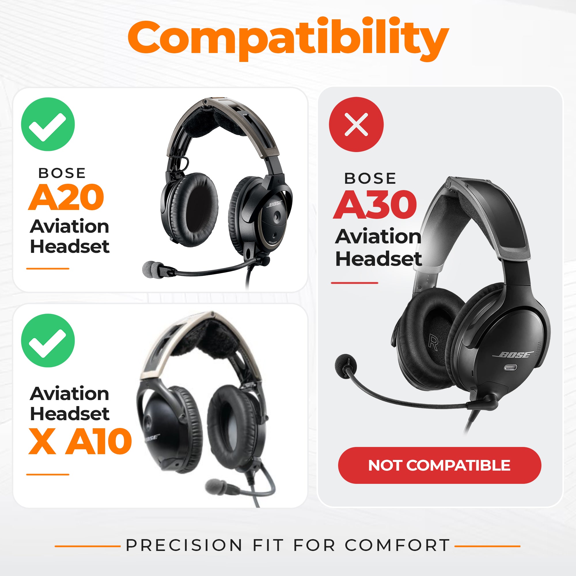 CentralSound Replacement Ear Cushions for Bose A20 and Aviation Headset X (A10), 8-Piece Kit with Foam Sets