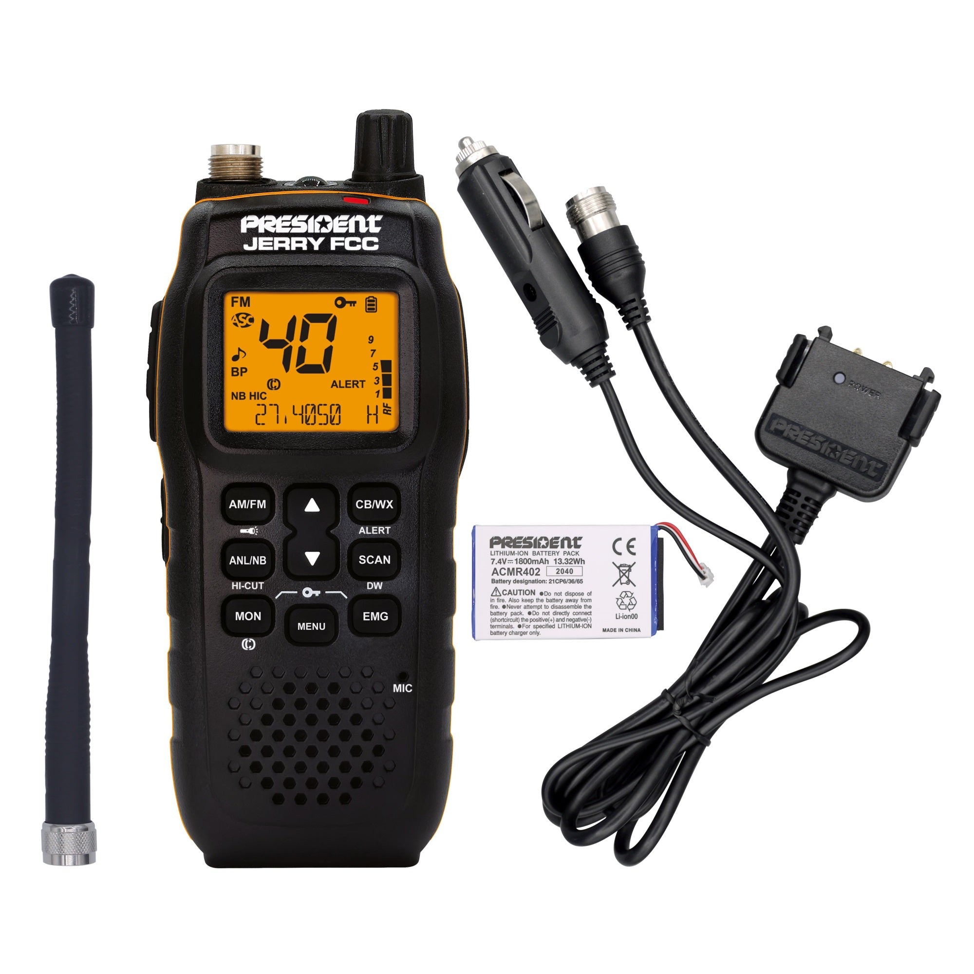 PRESIDENT  JERRY FCC AM/FM 40 CHANNEL HANDHELD/MOBILE CB WITH VEHICLE CHARGING SYSTEM