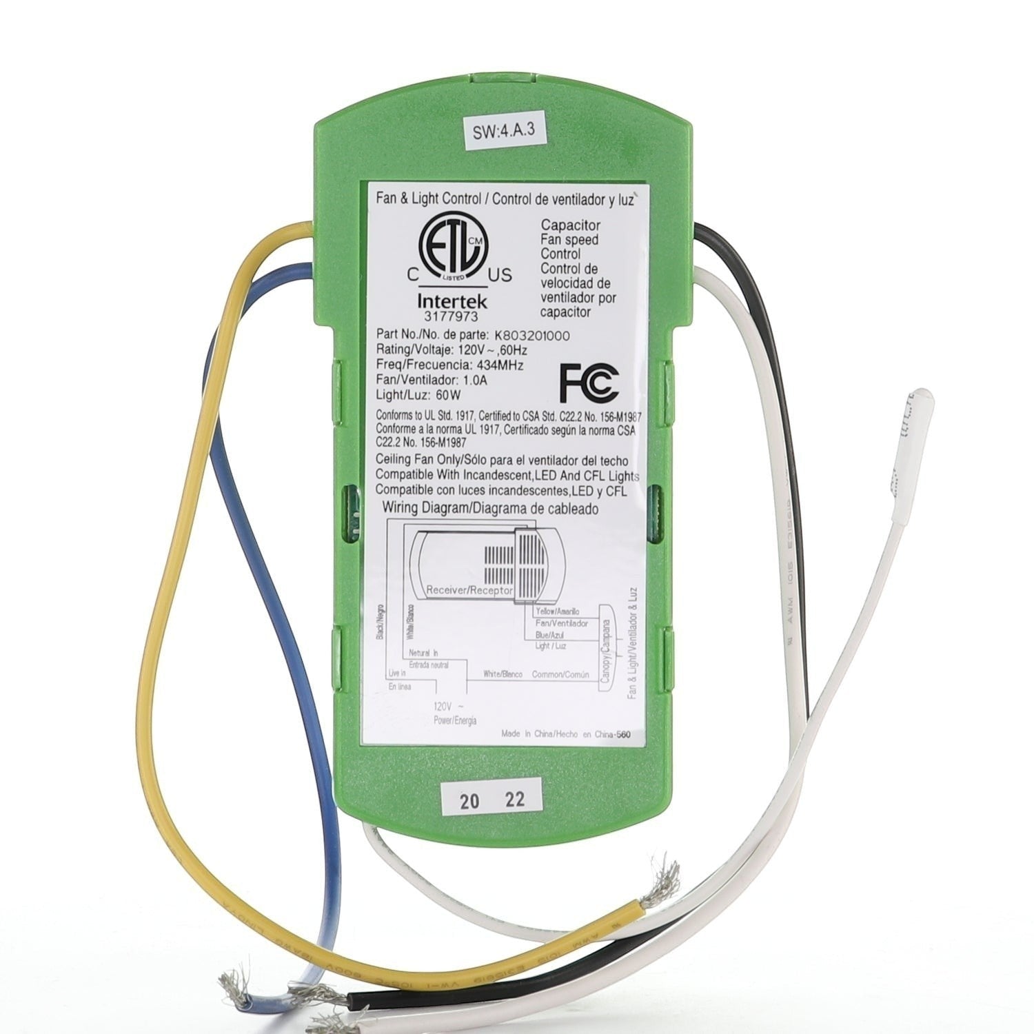 Anderic Substitute Kit for Hampton Bay / Hunter K803201000 3-Speed Ceiling Fan Receiver - K803201000 [63T-AC83T-KIT]