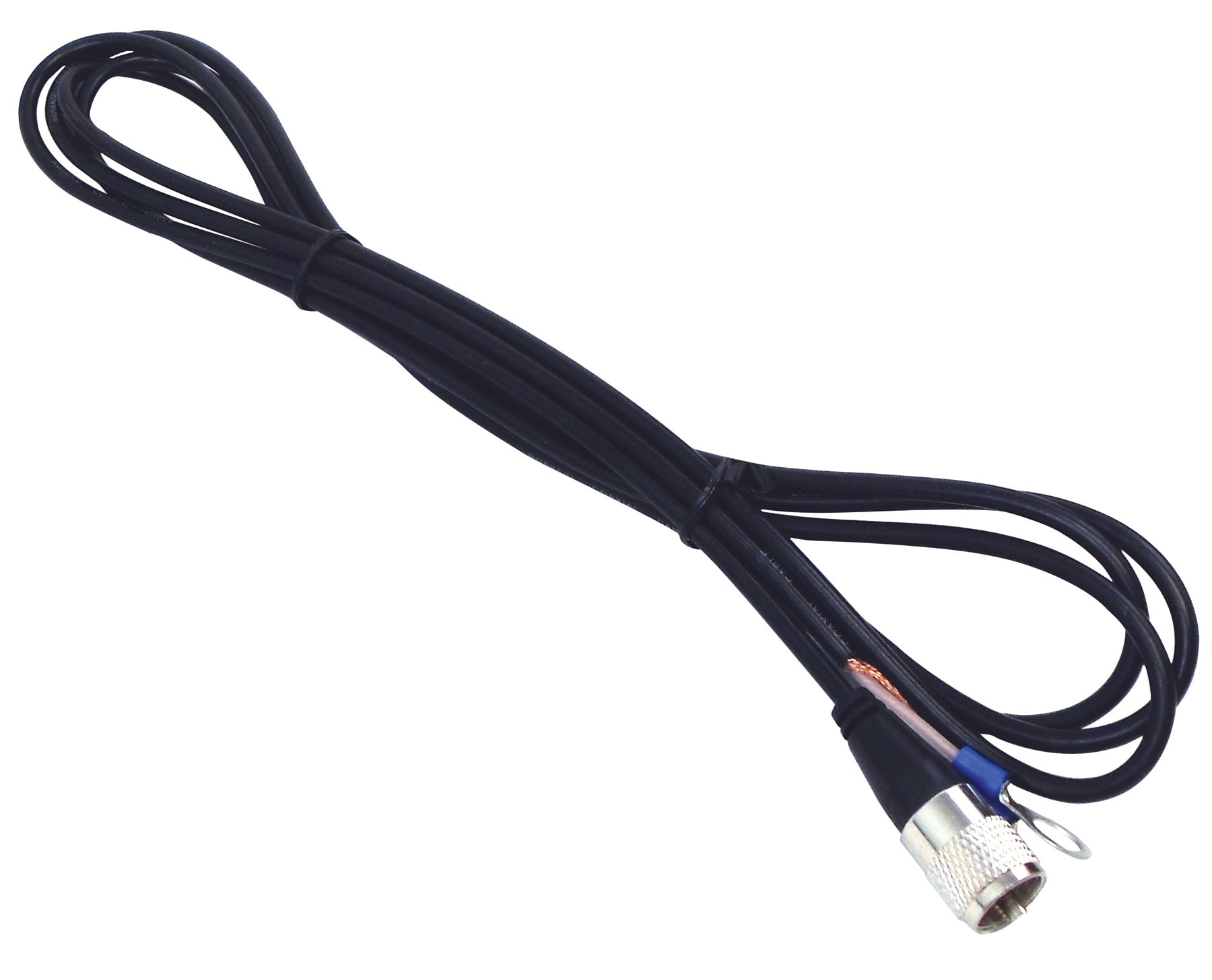 KALIBUR 9 FOOT BLACK RG58A/U  95% SHIELDED COAX CABLE ASSEMBLY WITH A MOLDED PL259 CONNECTOR AND RING TERMINAL ENDS