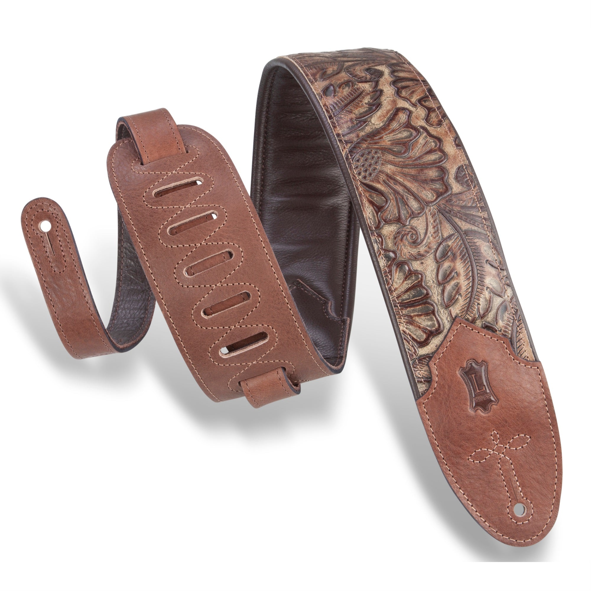 3'' Wide Embossed Leather Guitar Strap / Brown