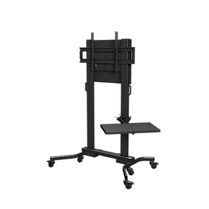 Heavy duty mobile cart with single side shelf, back plate and cover for displays larger than 60 inch