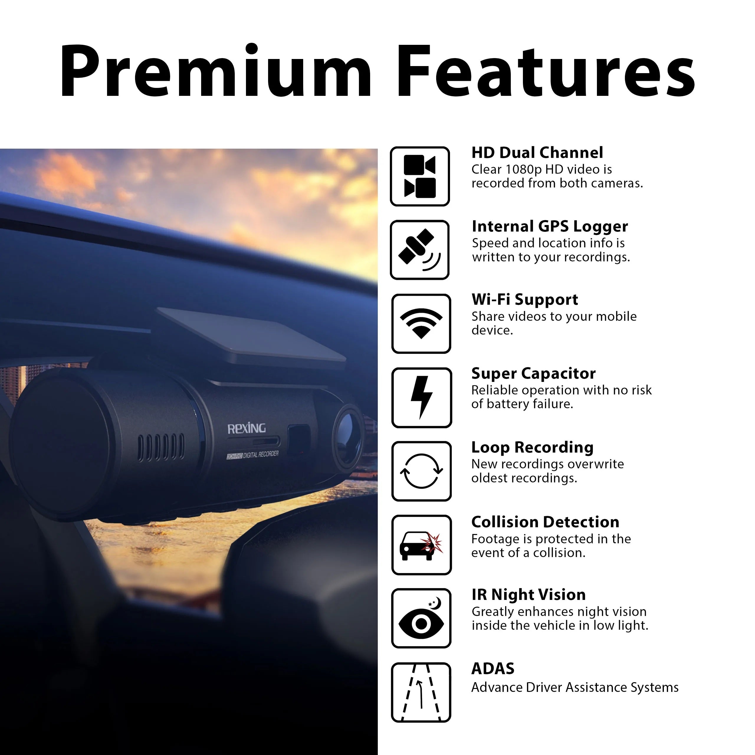 Open Box! Rexing V3 Dual Camera Front and Inside Cabin Full HD 1080p with WiFi and Built-in GPS