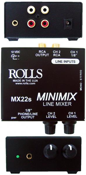 The MX22s is a 2 Channel mixer for mixing a 1/8-in line signal such as a laptop computer or Ipod