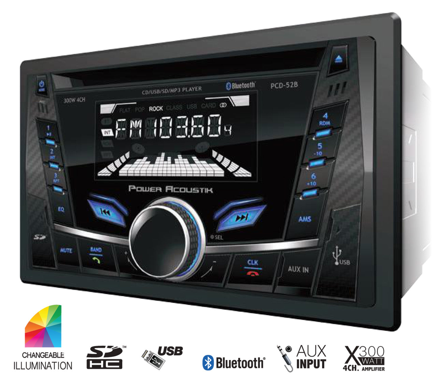 POWER ACOUSTIK  2 DIN 300 WATT 4 CHANNEL CD & MP3  AM/FM RECEIVER WITH SD/USB PLAYBACK & V2.0 BLUETOOTH HANDS FREE CALLING FROM