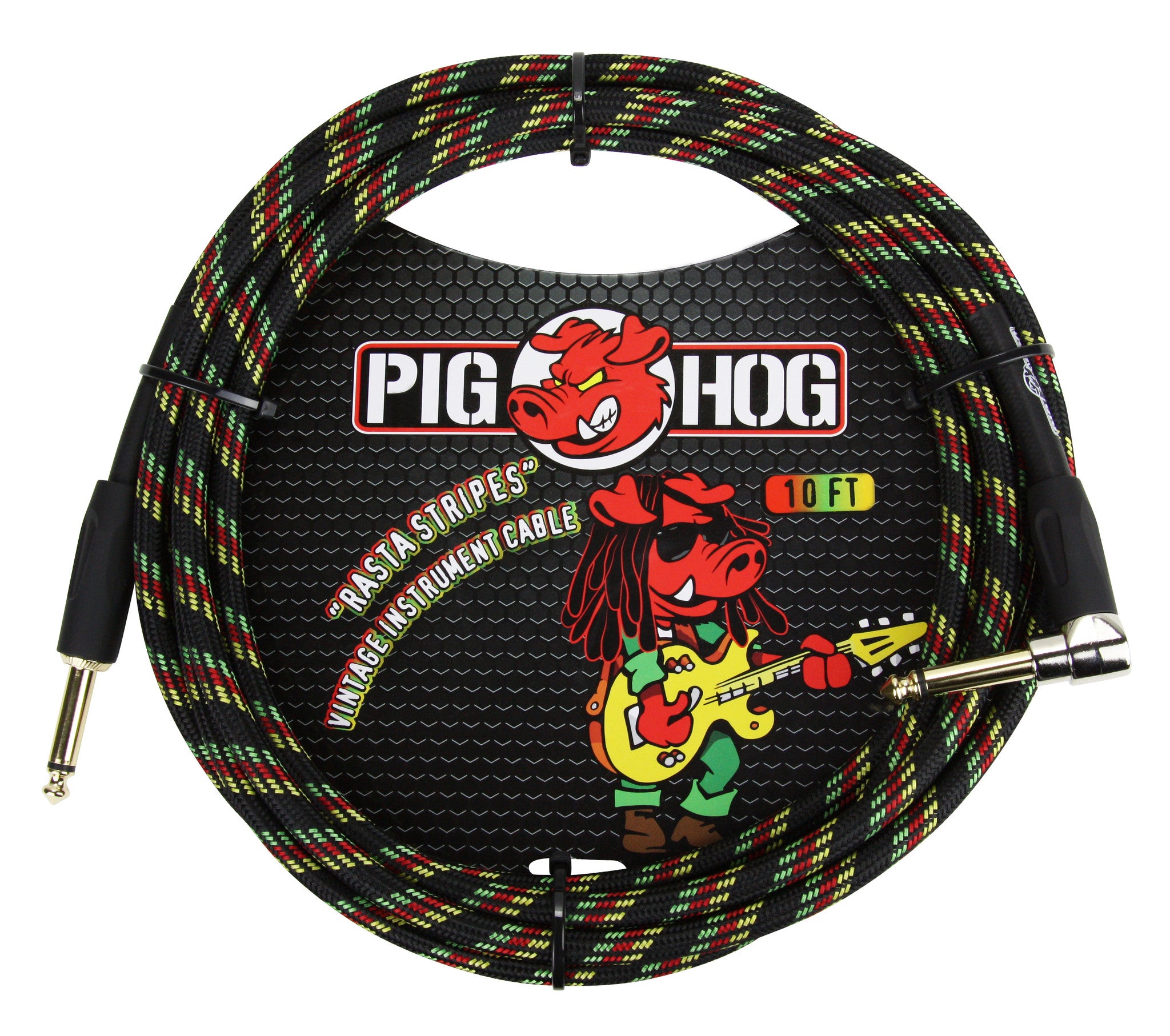 Pig Hog ''Rasta Stripes'' Woven Jacket Tour Grade Instrument Cable, 10-foot Right Angle