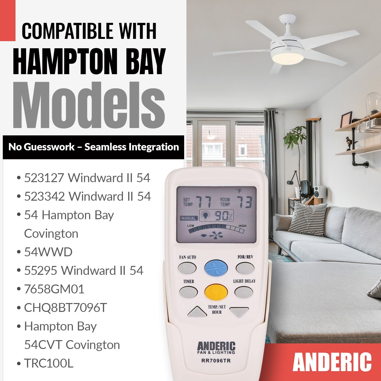 Anderic RR7096TR Replacement Thermostatic Ceiling Fan Remote Control with Reverse Key | CHQ7096T, CHQ8BT7096T
