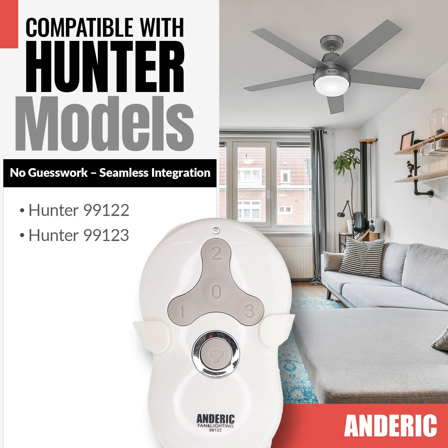 Anderic Substitute for Hunter 99123 / K0474-02 / IN2TX41 Universal 3 Speed Ceiling Fan Remote Control - 99123 [99122]