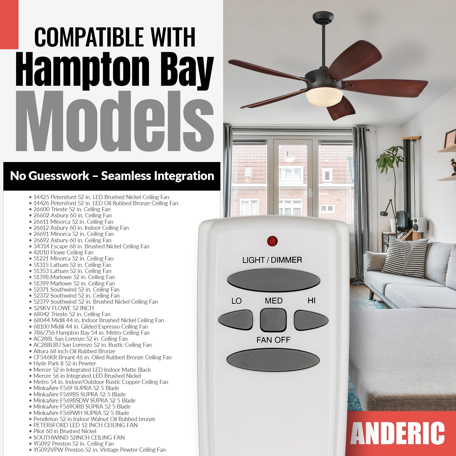 Anderic RR7079T FAN-HD (UC7078T) Ceiling Fan Remote Control for Hampton Bay [RR7079T]