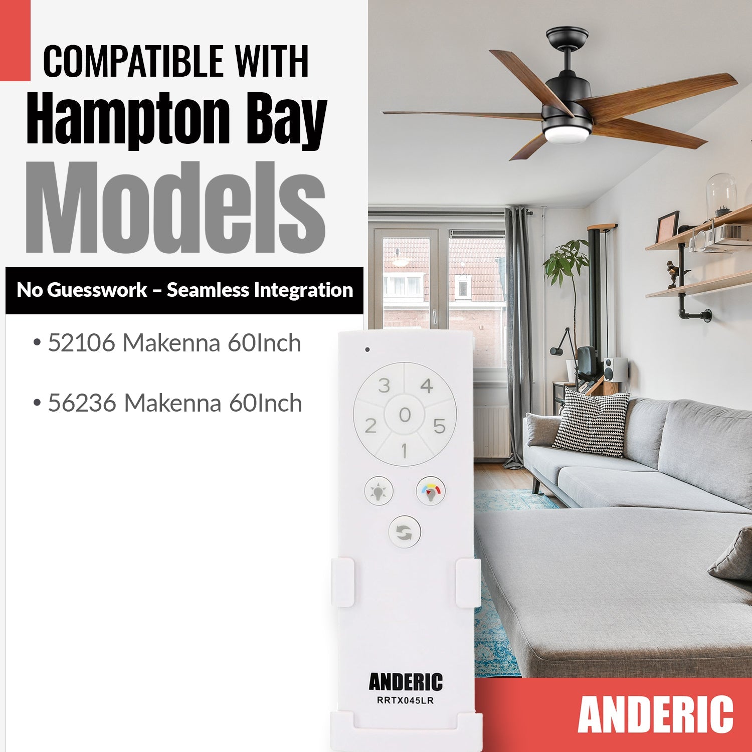 Anderic Substitute for Home Decorators Collection TX045-LR Ceiling Fan Remote Control | CCT [RRTX045LR]