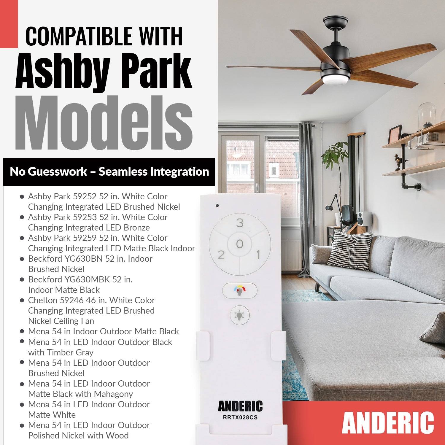 Anderic RRTX028C-S / A25-TX028C-S Ceiling Fan Remote Control for Home Decorators Collection| 304 MHz | A25-TX028C-S - RRTX028CS