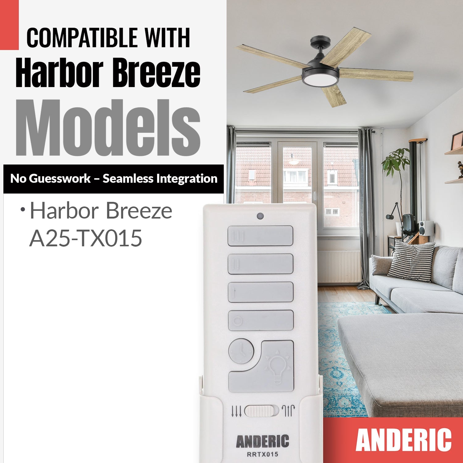 Anderic RRTX015 Replacement Ceiling Fan Remote Control for Harbor Breeze | 434.92 MHz - A25-TX015A