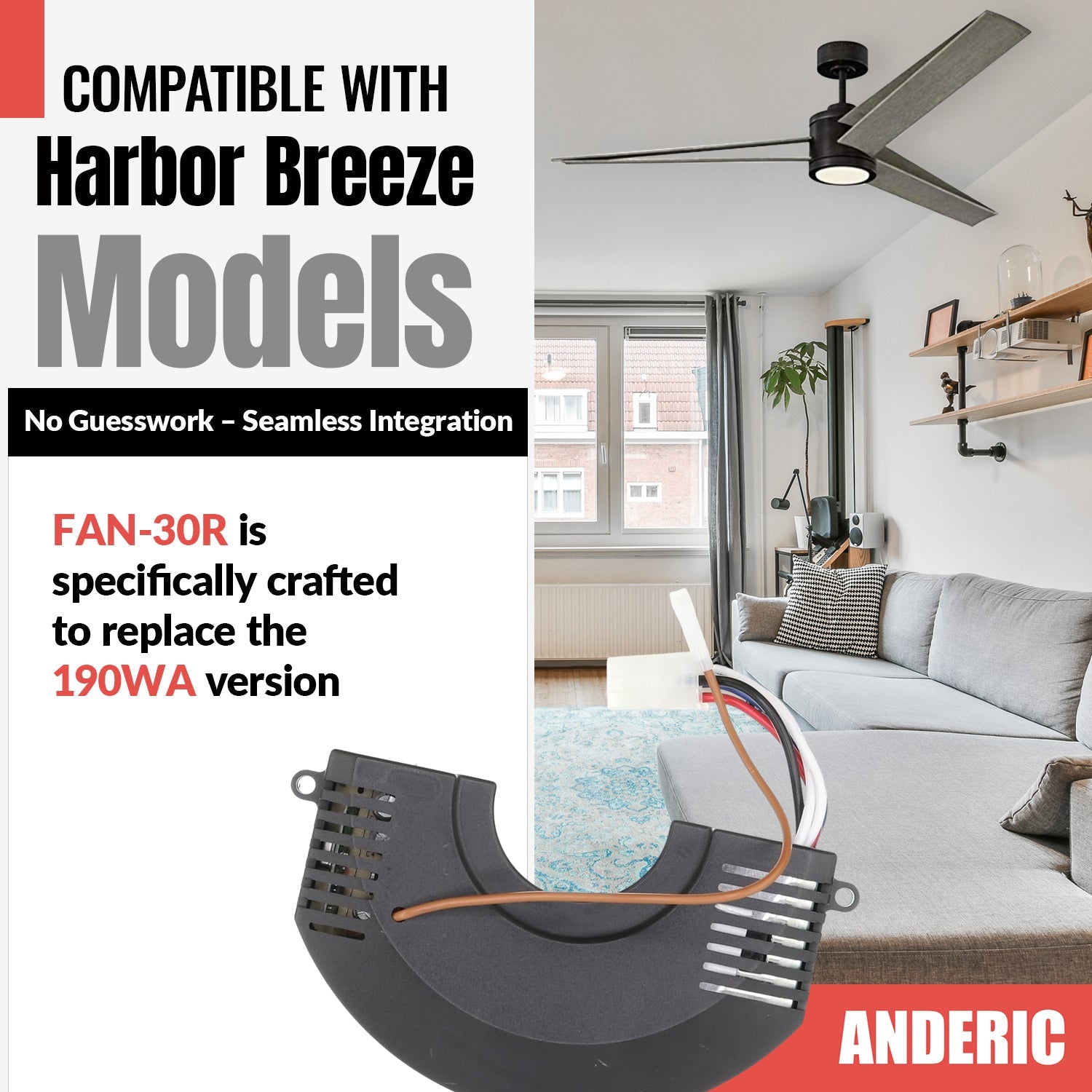 Anderic FAN30R Replacement Ceiling Fan Receiver for Harbor Breeze FAN-30R