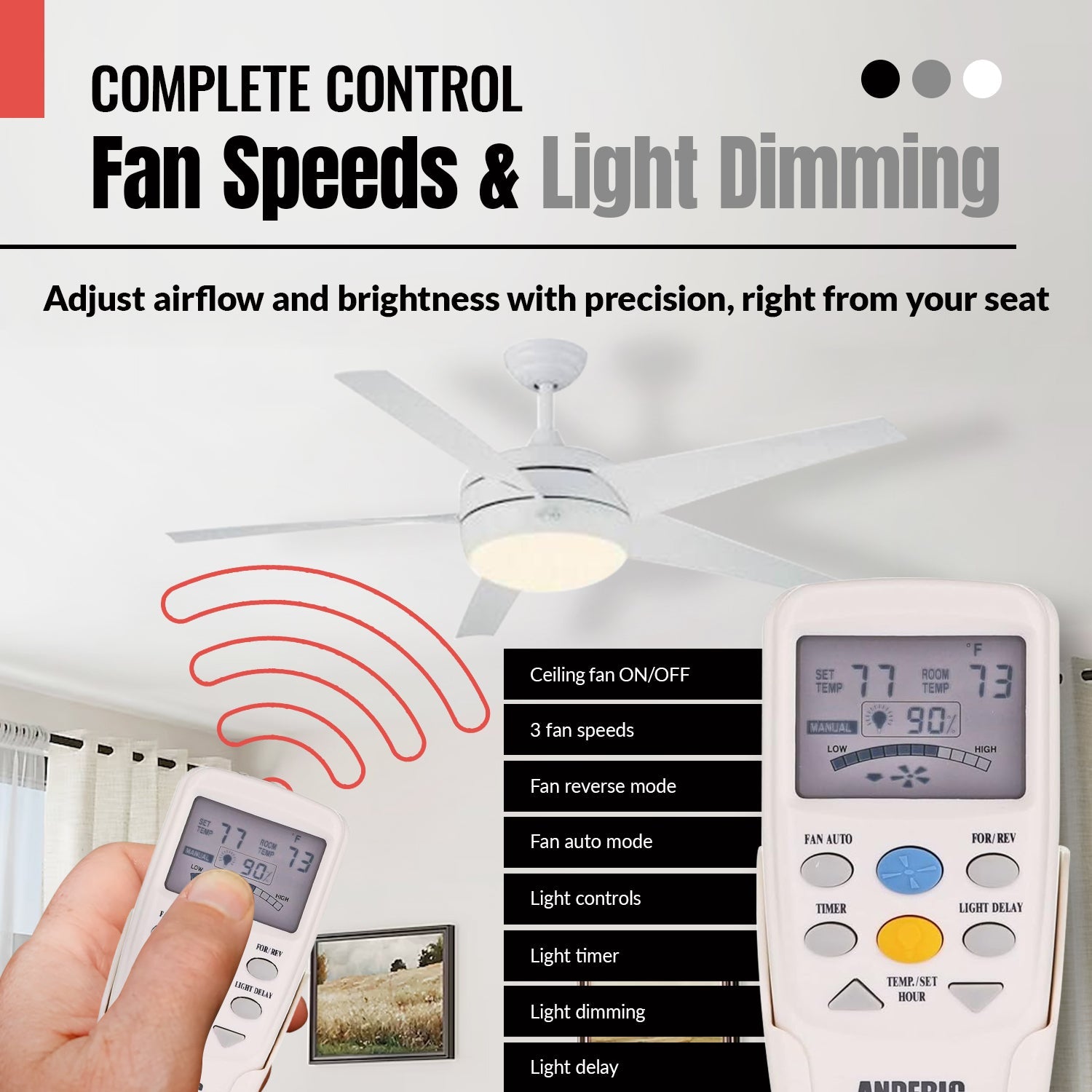 Anderic RR7096TR Replacement Thermostatic Ceiling Fan Remote Control with Reverse Key | CHQ7096T, CHQ8BT7096T