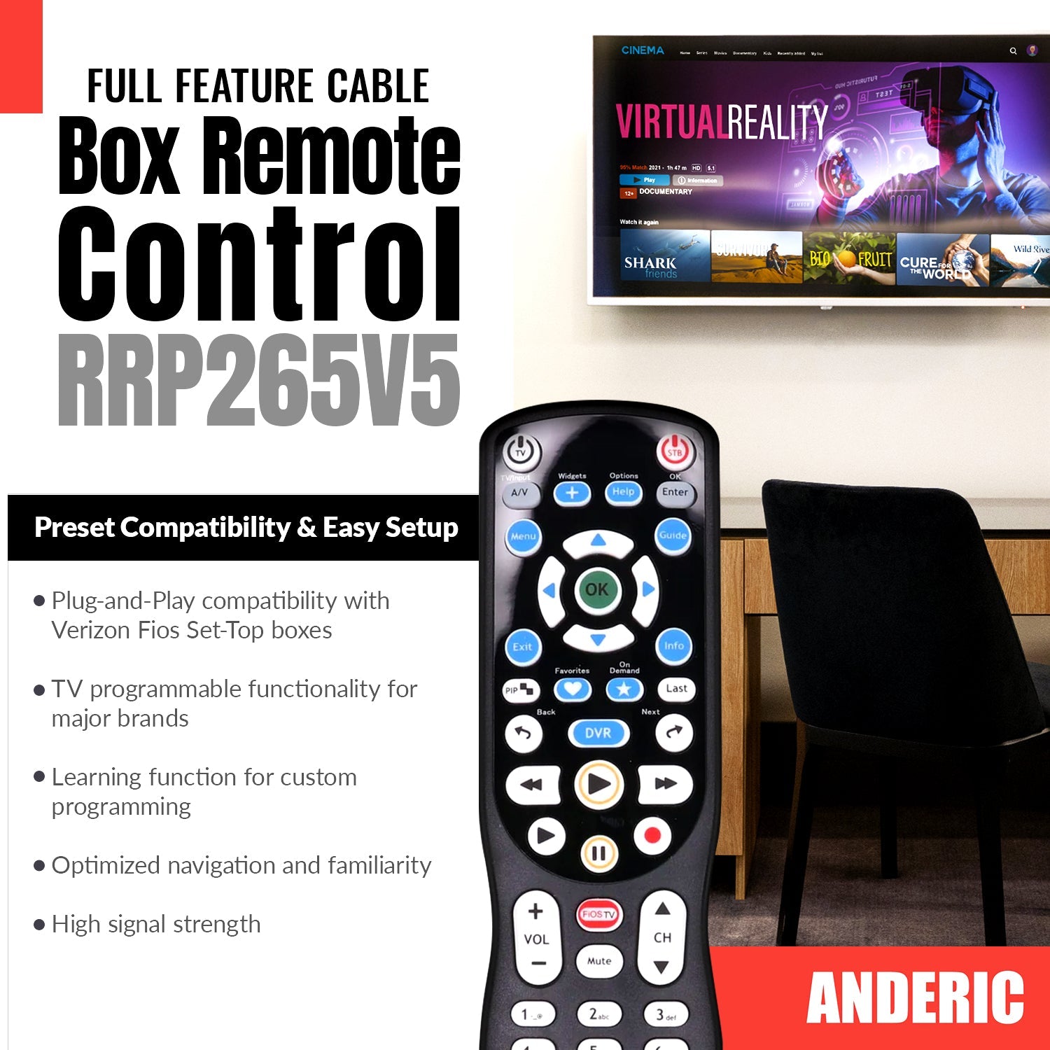 Anderic RRP265V5 Replacement 2-Device Universal Remote Control for Verizon FiOS Cable - P265v5 [RRP265V5]