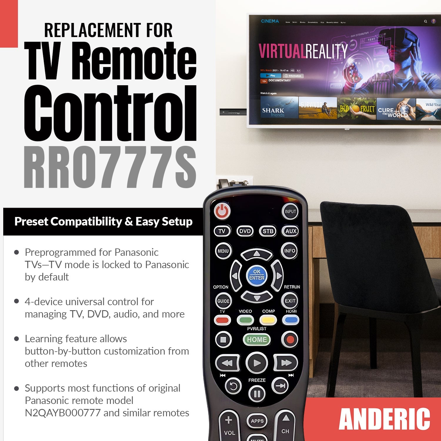 Anderic RR0777S Universal 4-Device Remote Control for Pre-programmed for Panasonic TVs