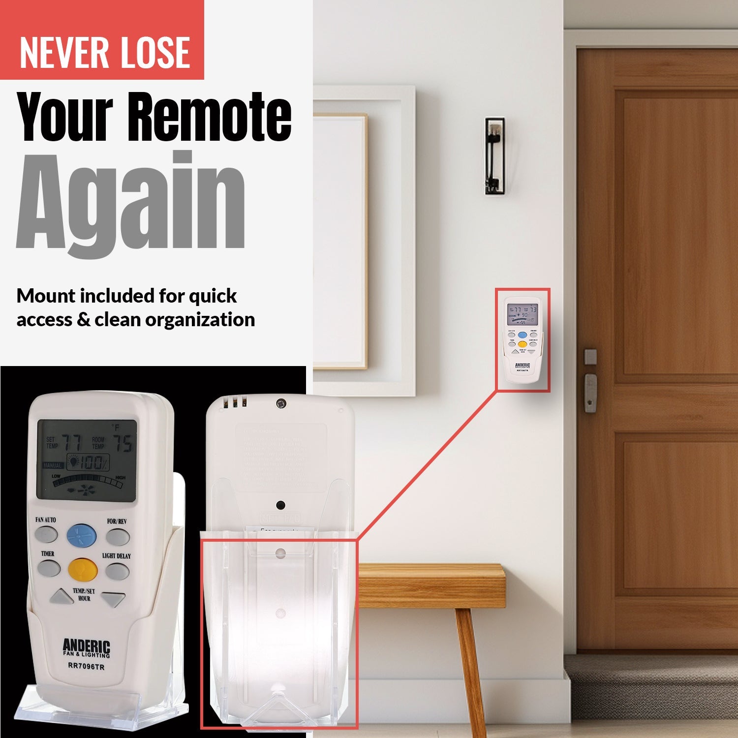Anderic RR7096TR Replacement Thermostatic Ceiling Fan Remote Control with Reverse Key | CHQ7096T, CHQ8BT7096T