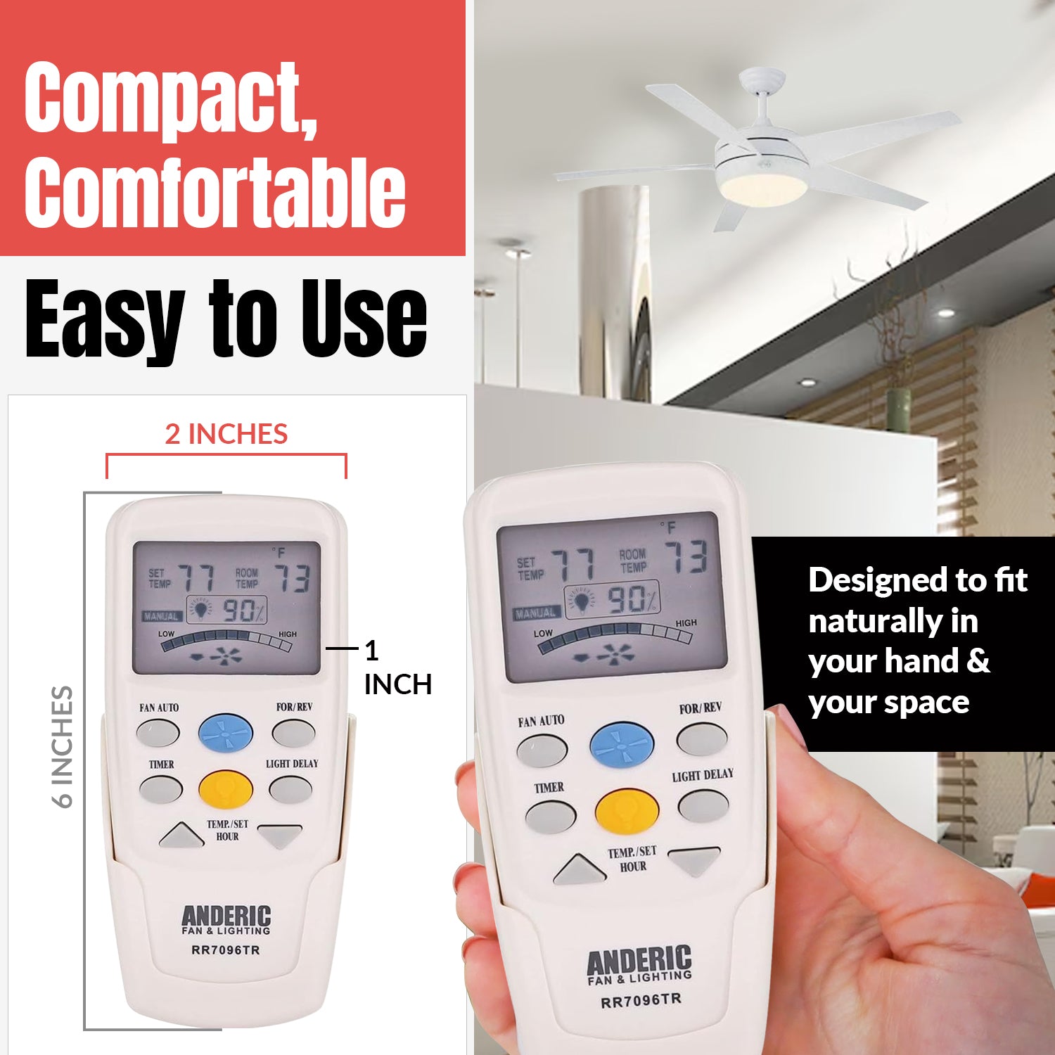 Anderic RR7096TR Replacement Thermostatic Ceiling Fan Remote Control with Reverse Key | CHQ7096T, CHQ8BT7096T