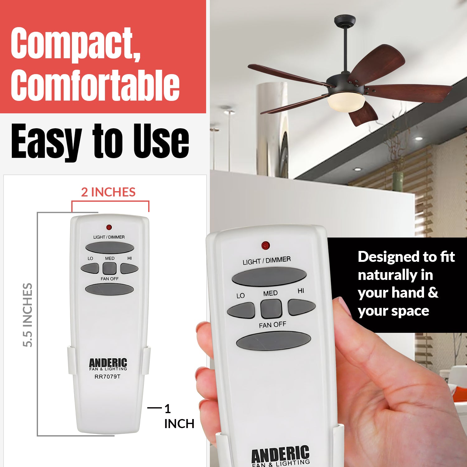 Anderic RR7079T FAN-HD (UC7078T) Ceiling Fan Remote Control for Hampton Bay [RR7079T]