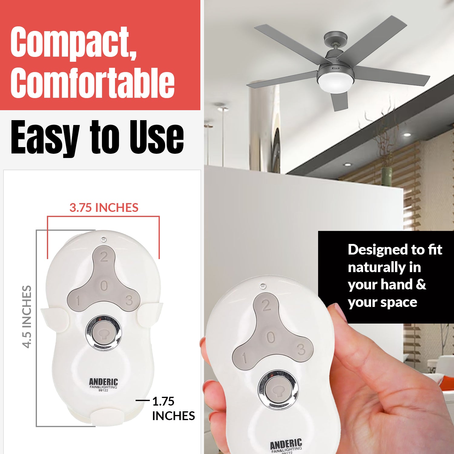 Anderic Substitute for Hunter 99122 / IN2TX41 Ceiling Fan Remote Control [99122]