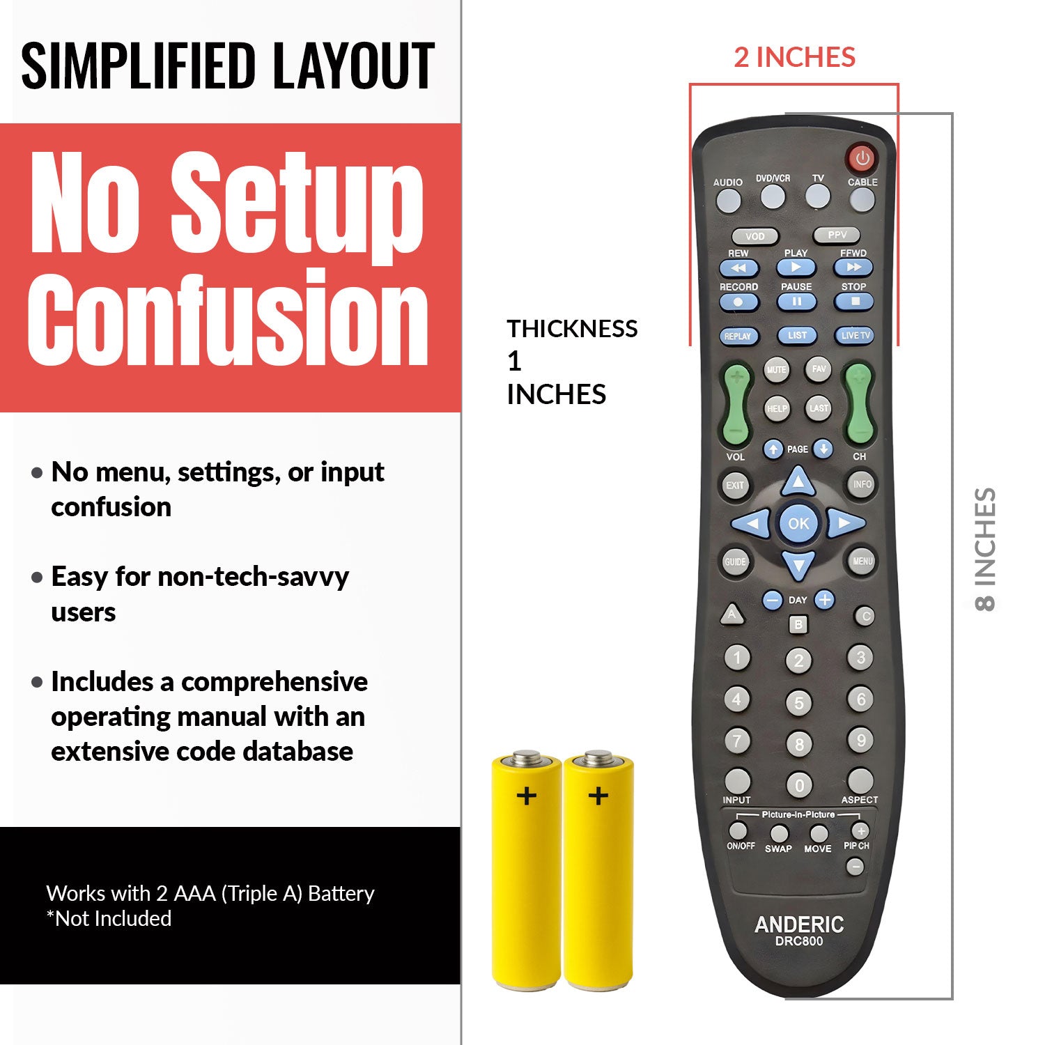 Anderic DRC800 DVR and Cable Box Remote Control for Motorola, Scientific Atlanta, and others [DRC800]
