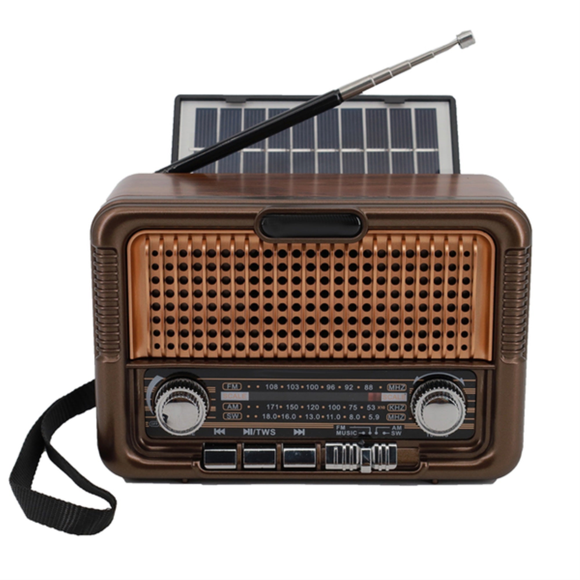 QFX R50 RetroStyle Portable AM/FM/Shortwave Radio with Bluetooth, Solar Panel, and True Wireless, Brown, R50