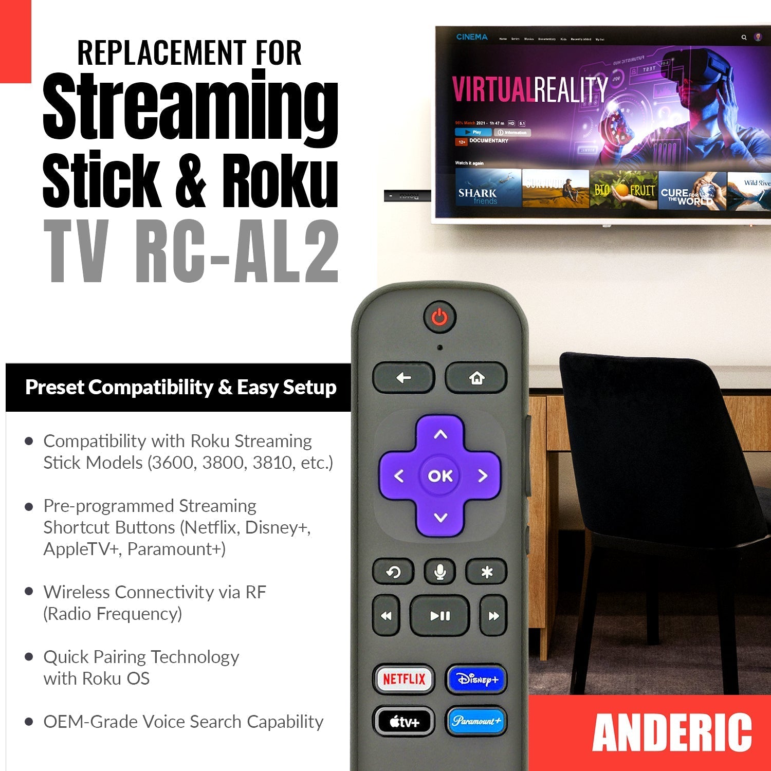 Anderic Substitute for Hisense 75U800GR Roku TV Remote Control with voice 75U800GR-REM [RCGZ1, NO HEADPHONE]