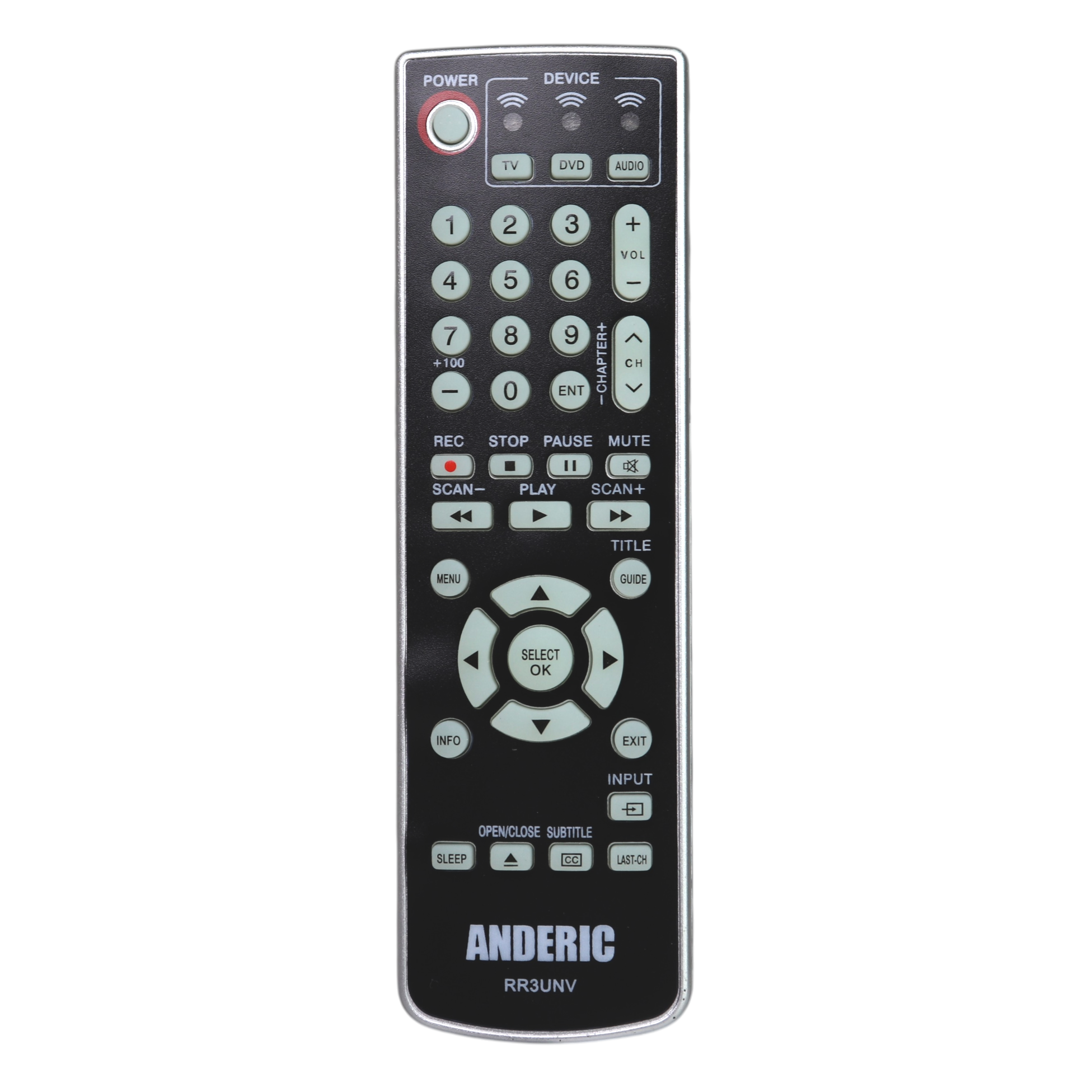 Anderic RR3UNV 3-Device Universal Remote Control for TV/DVD/VCR/Cable/Sat/Audio with Learning