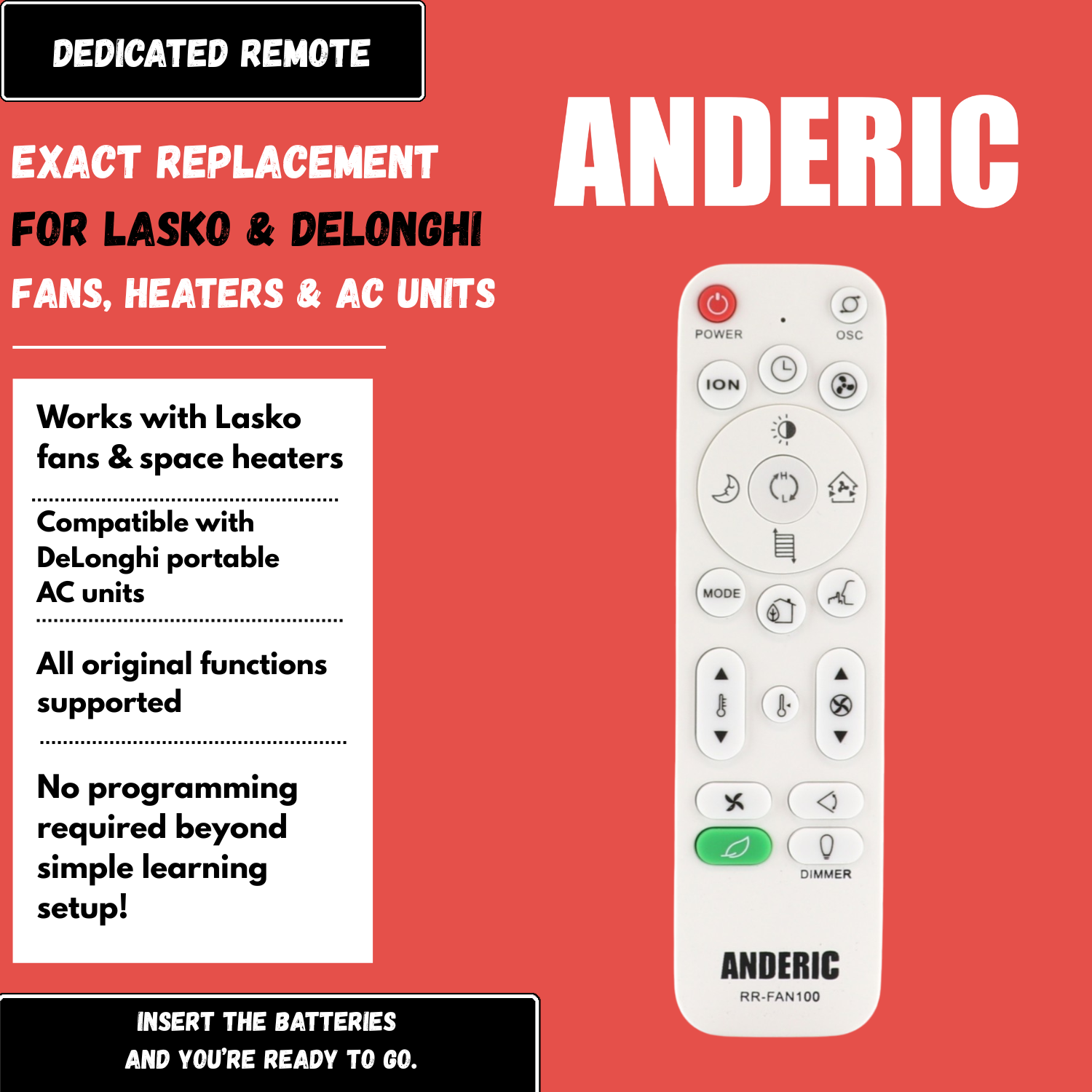 Anderic RRFAN100A for Lasko Space Heater, Floor Fans and Delonghi Portable Air Conditioners Remote Control