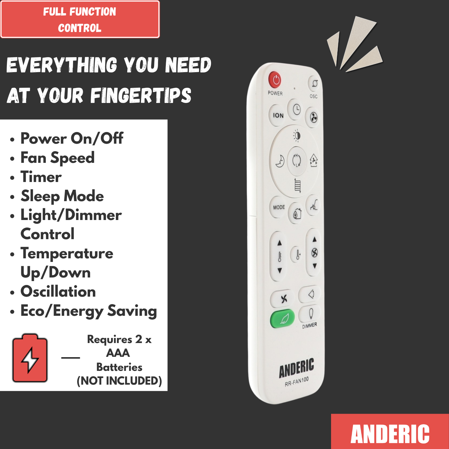 Anderic RRFAN100A for Lasko Space Heater, Floor Fans and Delonghi Portable Air Conditioners Remote Control